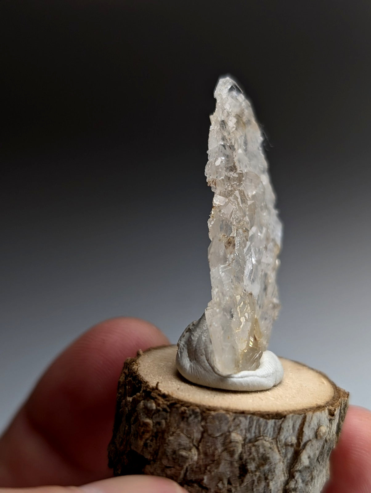 A+ Unique Quartz, Old Stock, Montgomery County, Arkansas, w/ natural wood base