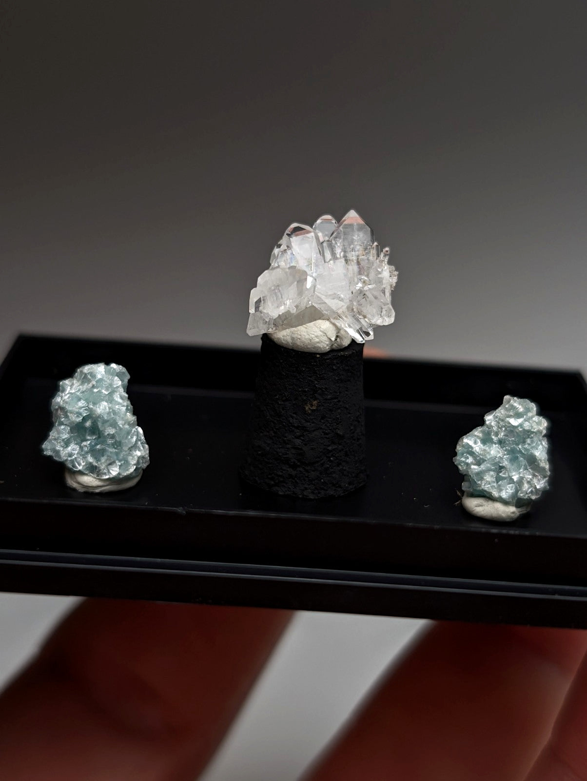 Set of Blue-Green Cookeite + Quartz, Saline County, Arkansas, Old Stock, + case