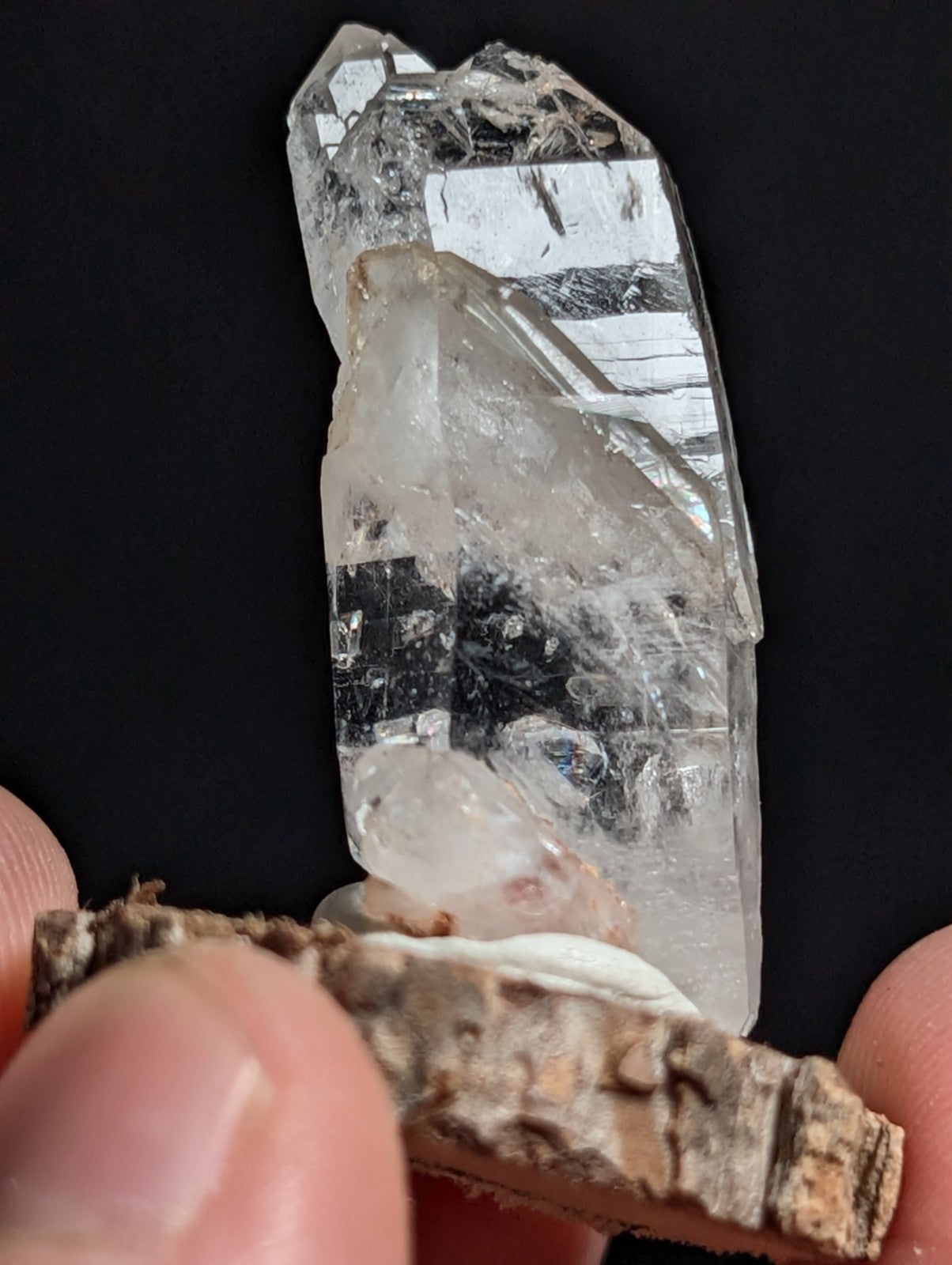 A+ Unique Quartz, Old Stock, Montgomery County, Arkansas, w/ natural wood base
