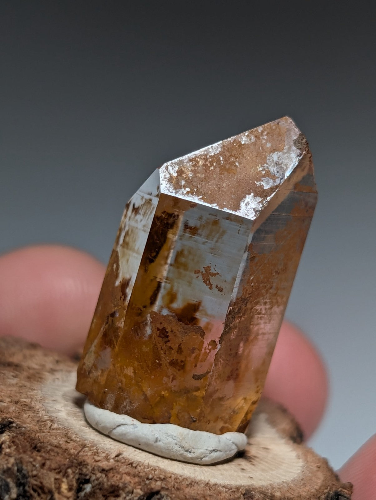 A+ Optical Quartz, Old Stock, Montgomery County, Arkansas, w/ natural wood base