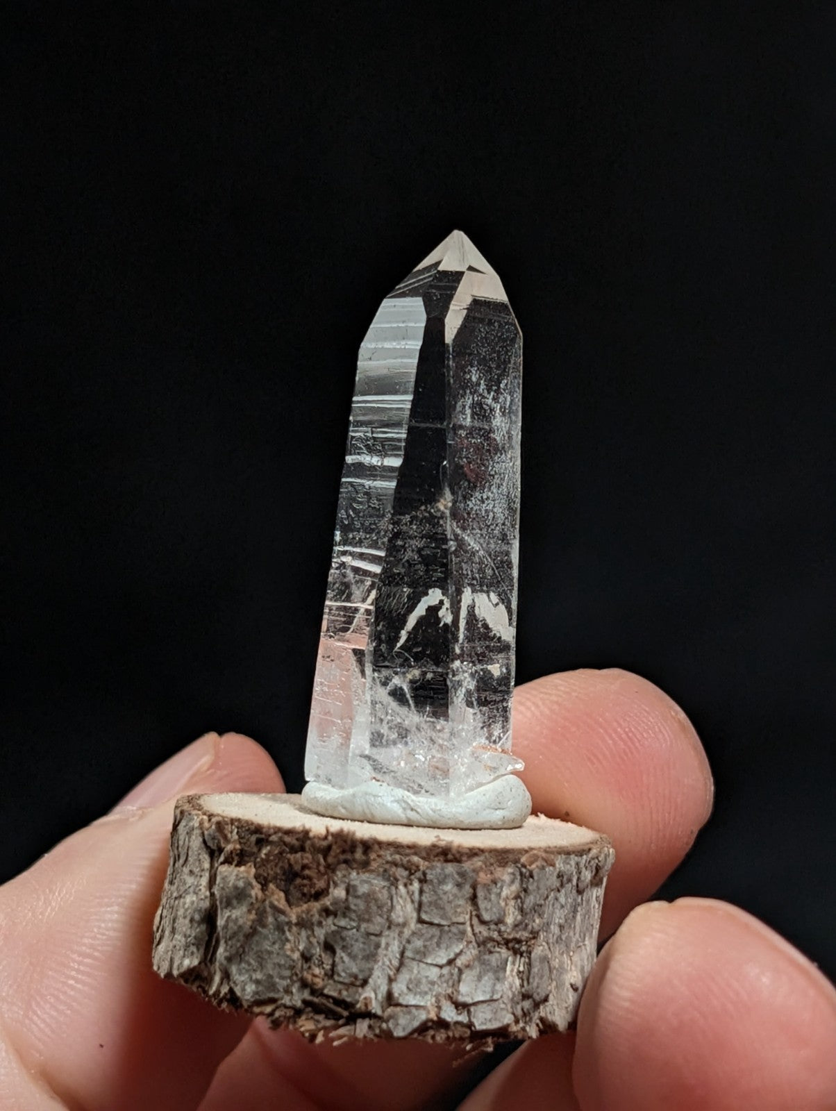 A+ Clear Quartz, Old Stock, Montgomery County, Arkansas, w/ natural wood base
