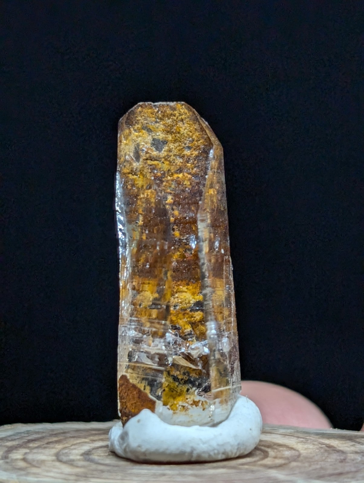 Small Optical Quartz Crystal Point, Montgomery County, Arkansas, w/ wood base