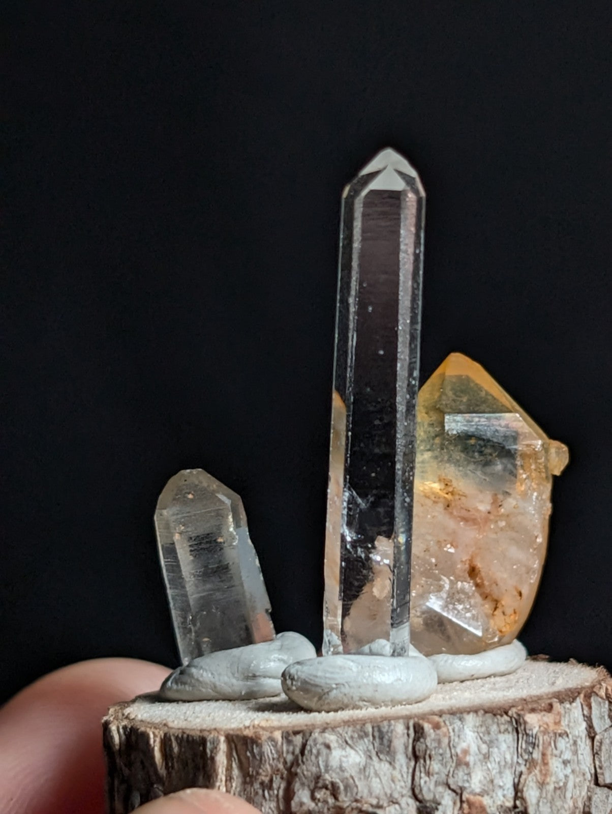 Unique set of 3 Quartz Crystal Points, Garland County, Arkansas, w/ wood base