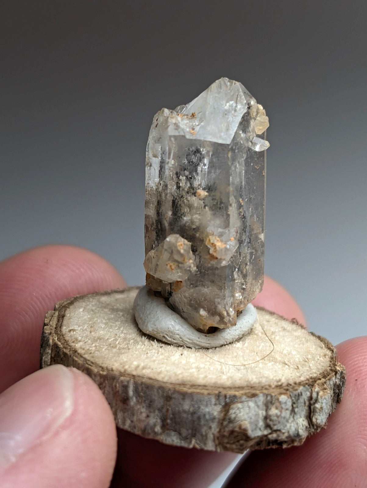 Nacrite + Manganese included Quartz Crystal Point, Arkansas, w/ wood base