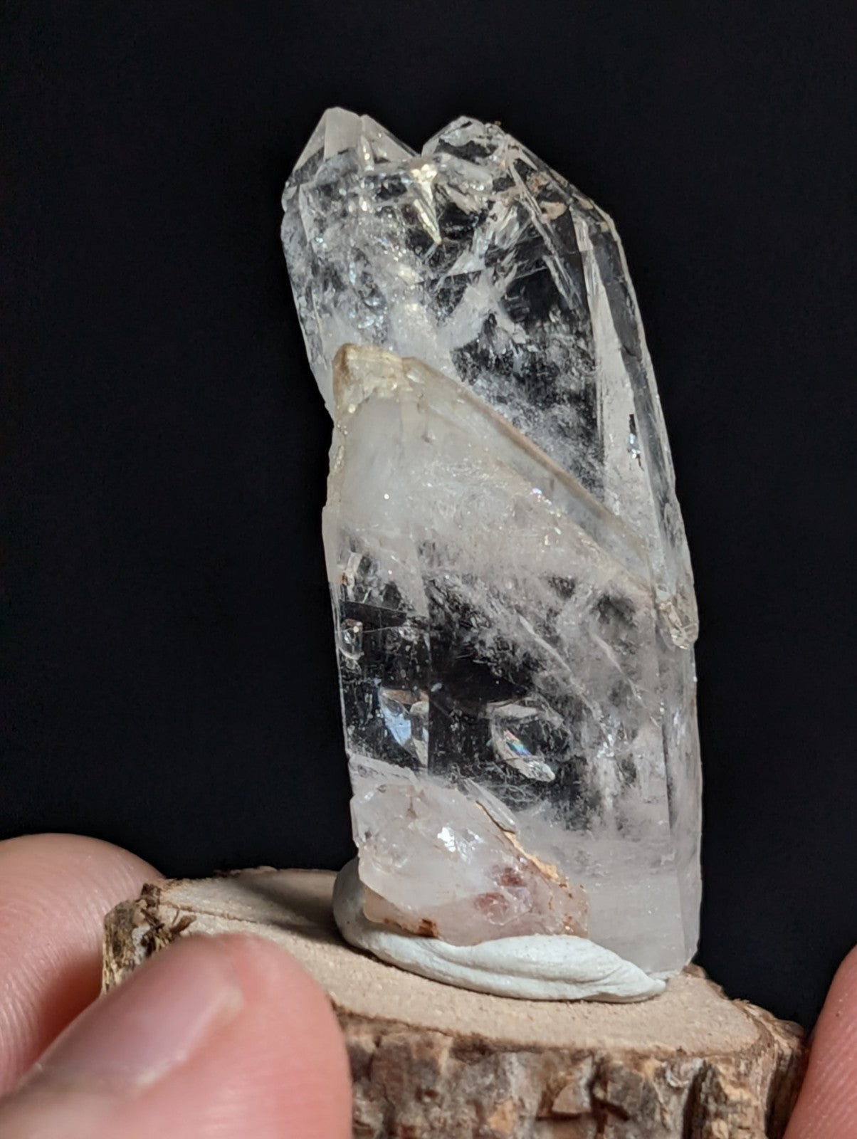 A+ Unique Quartz, Old Stock, Montgomery County, Arkansas, w/ natural wood base