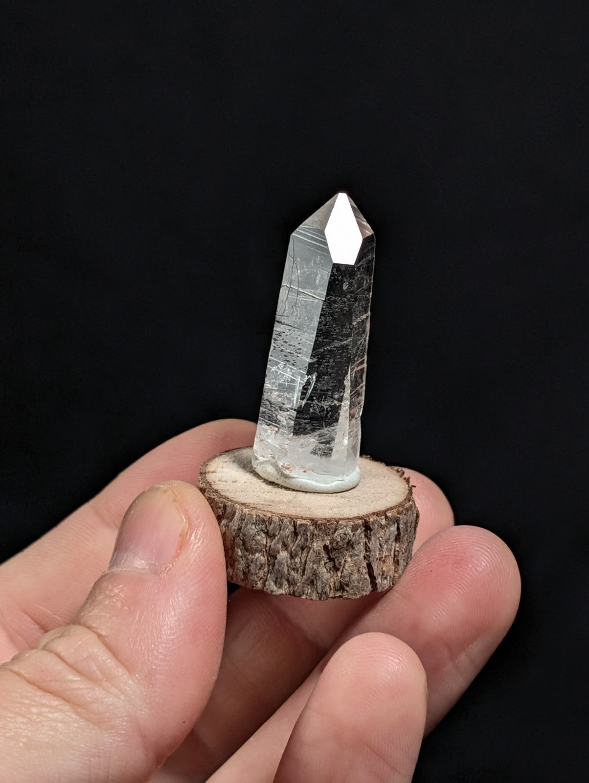 A+ Clear Quartz, Old Stock, Montgomery County, Arkansas, w/ natural wood base