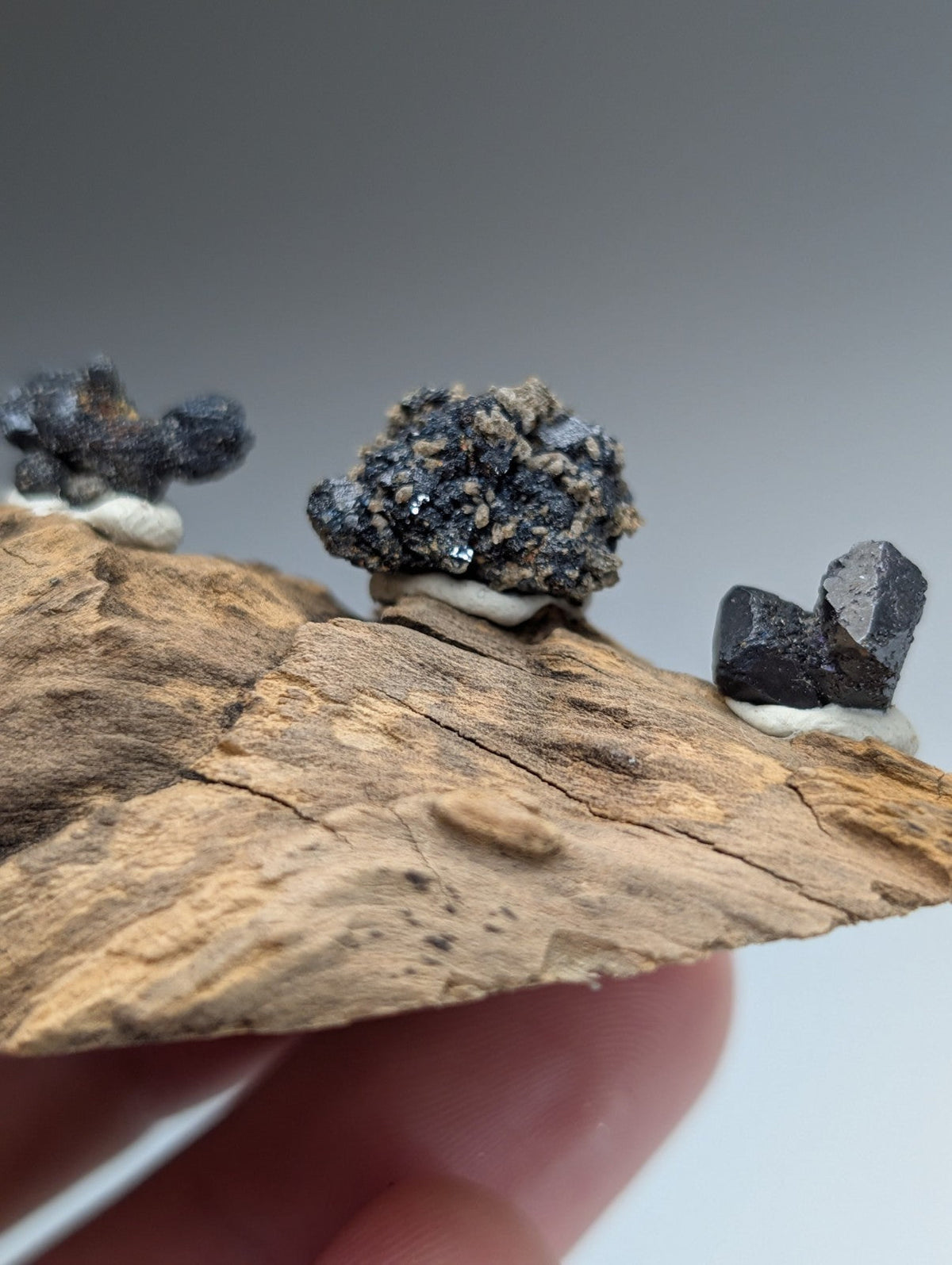 Set of 4 Brookite + Smoky Quartz, Magnet Cove, Arkansas, Old Stock, + wood stand