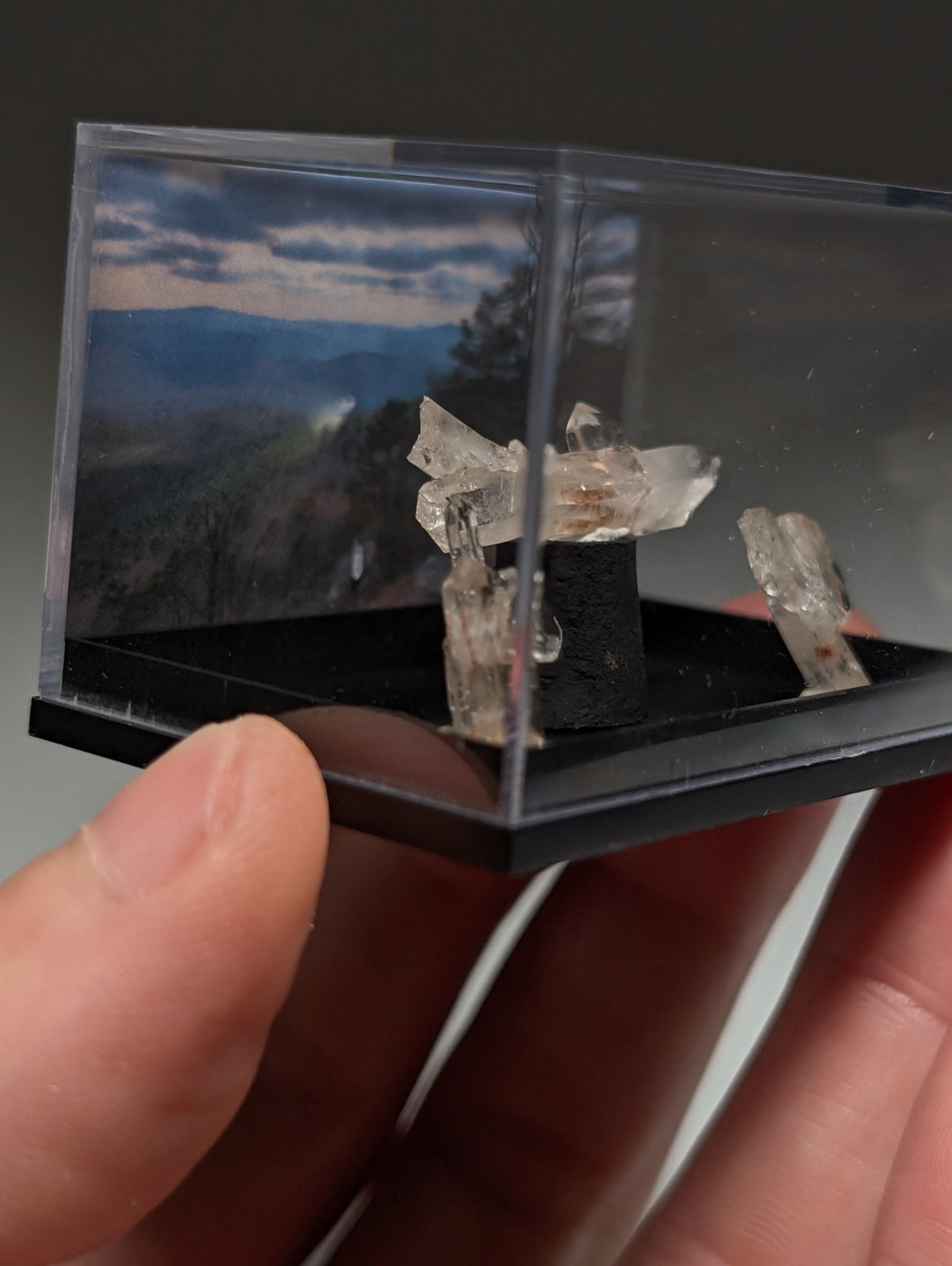 Set of 3 Faden Quartz Crystals, w/ photo case/mount, Montgomery County, Arkansas