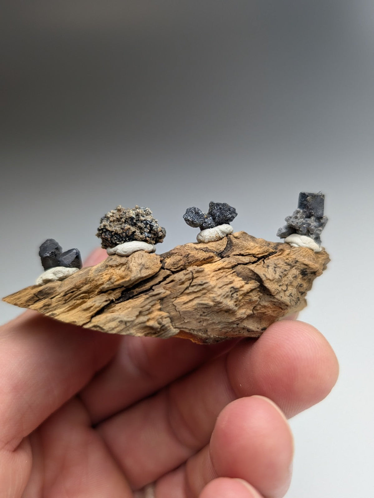 Set of 4 Brookite + Smoky Quartz, Magnet Cove, Arkansas, Old Stock, + wood stand
