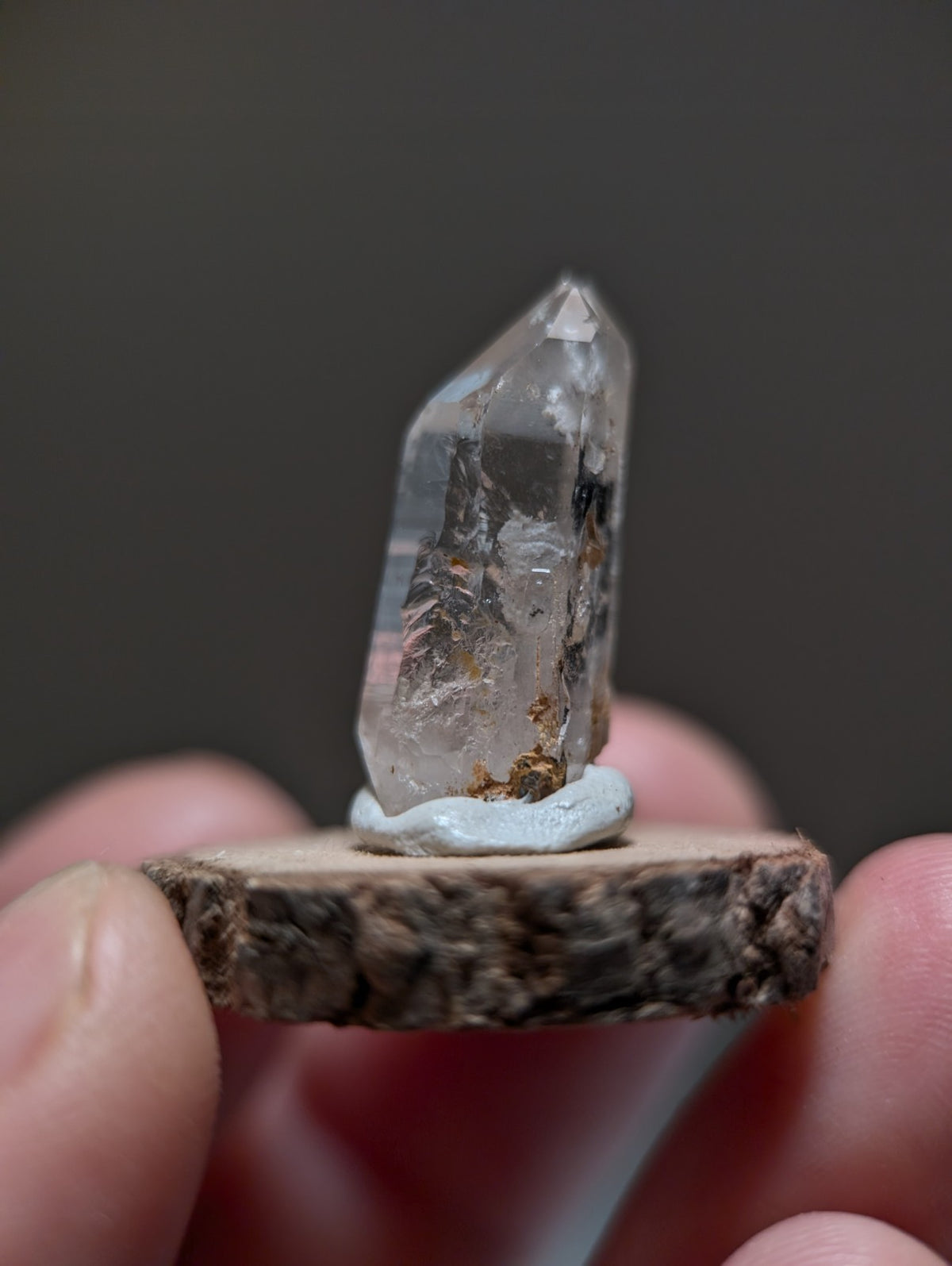 Nacrite + Manganese included Quartz Crystal Point, Arkansas, w/ wood base