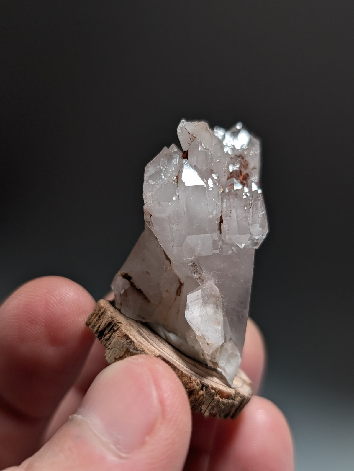 A+ Cathedral Quartz Crystal, Montgomery County, Arkansas, w/ natural wood base