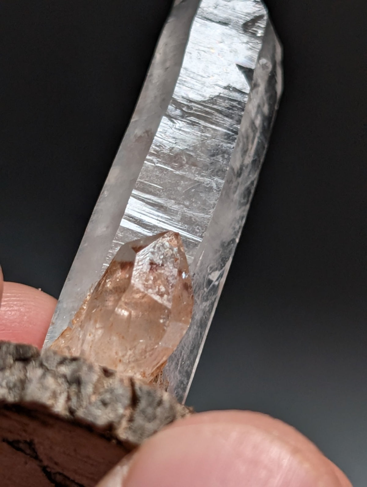 A+ Quartz Crystal Point, Montgomery County, Arkansas, w/ natural wood base
