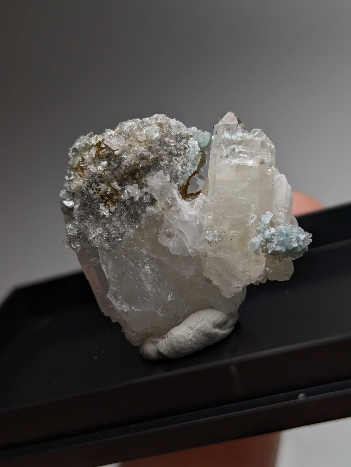 Blue-Green Cookeite on Quartz, Saline County, Arkansas, Old Stock, w/ photo case