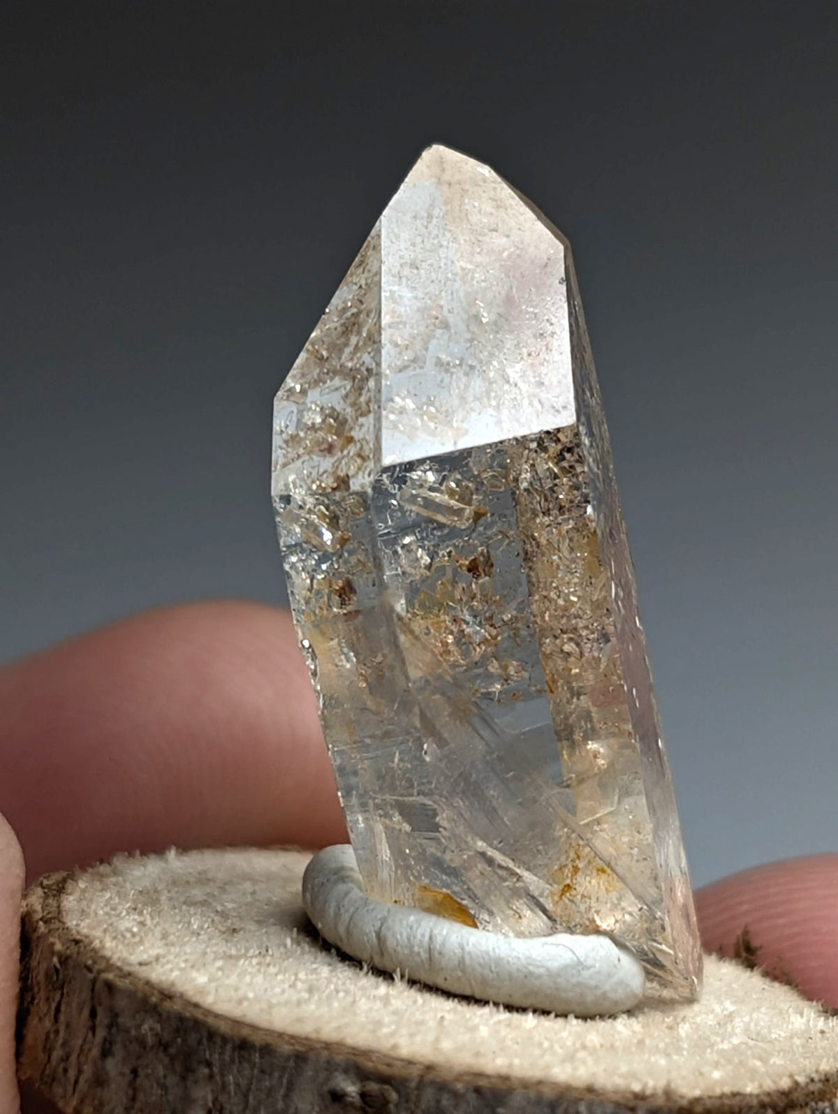 Optical Quartz Crystal Point, Montgomery County, Arkansas, USA, w/ wood mount