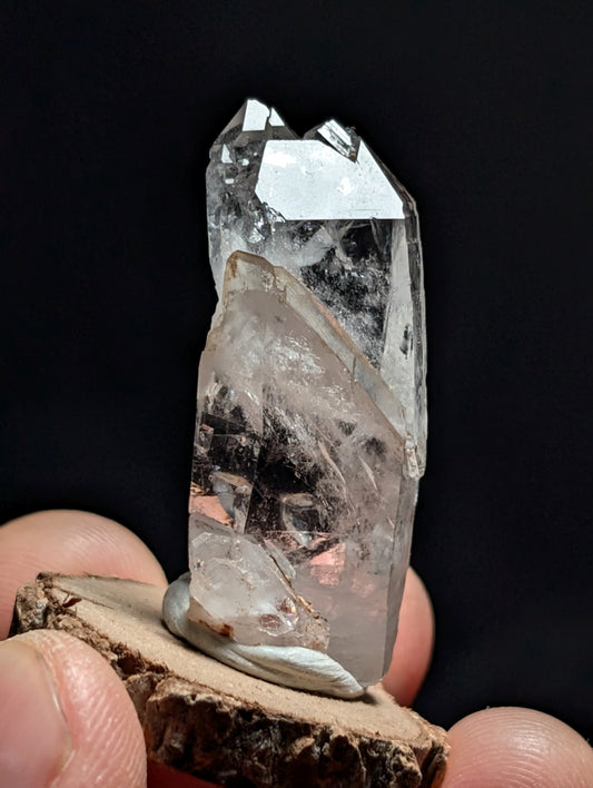 A+ Unique Quartz, Old Stock, Montgomery County, Arkansas, w/ natural wood base
