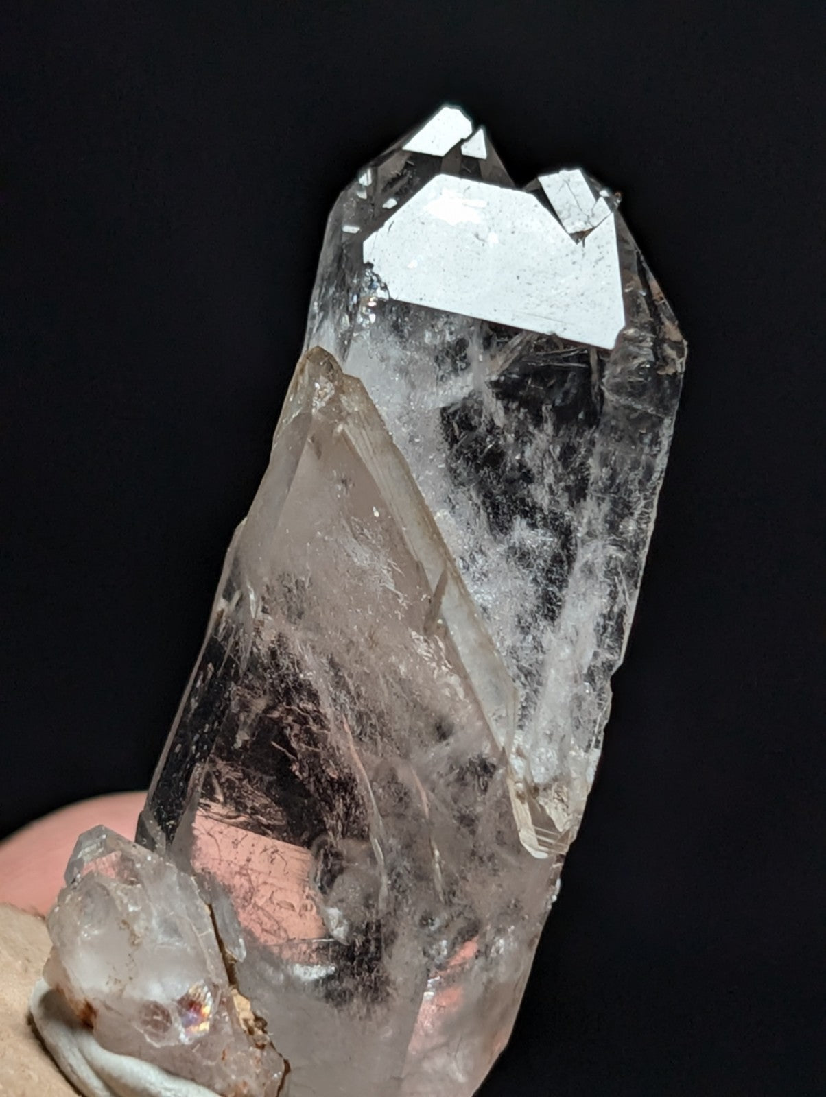 A+ Unique Quartz, Old Stock, Montgomery County, Arkansas, w/ natural wood base