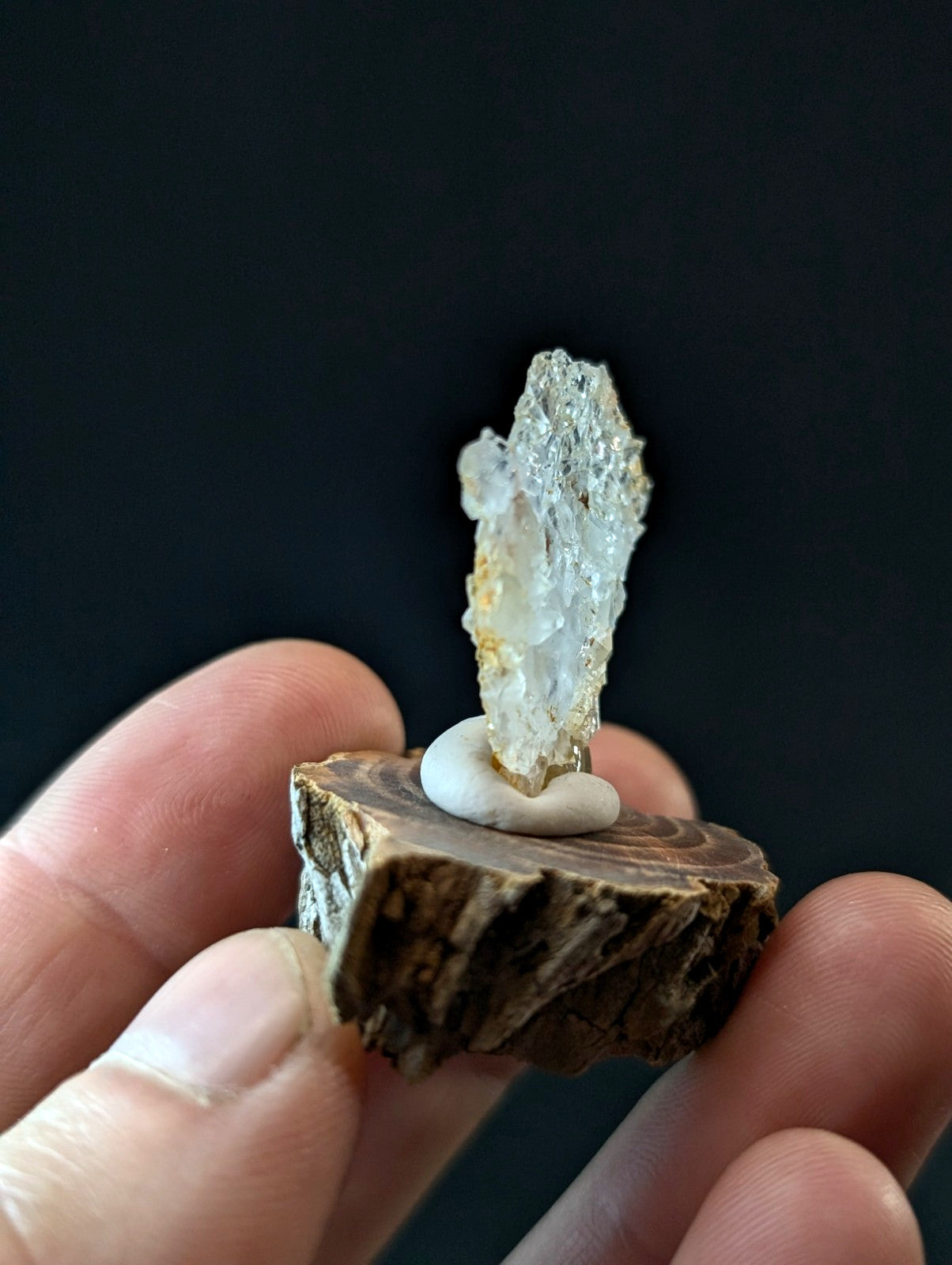 A+ Unique Quartz, Old Stock, Montgomery County, Arkansas, w/ natural wood base