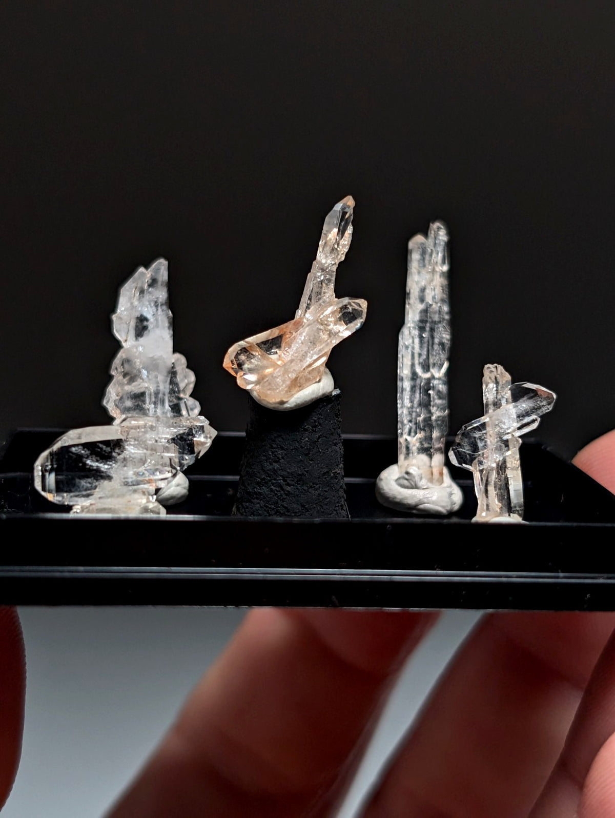 Set of 5 Faden Quartz Crystals, w/ photo case/mount, Montgomery County, Arkansas