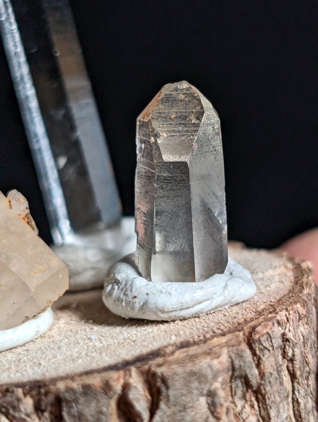 Unique set of 3 Quartz Crystal Points, Garland County, Arkansas, w/ wood base