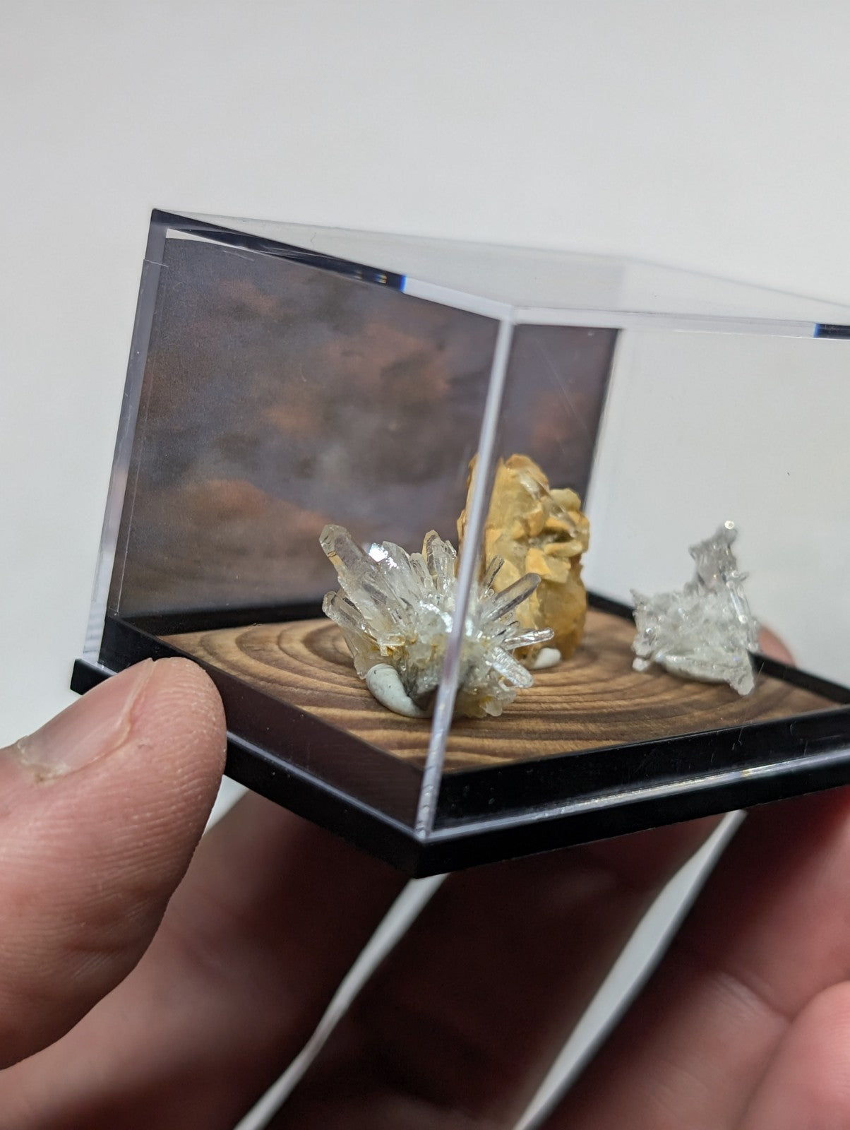 Solution Quartz + Ankerite, w/ wood mount + photo case- Jeffrey Quarry, Arkansas