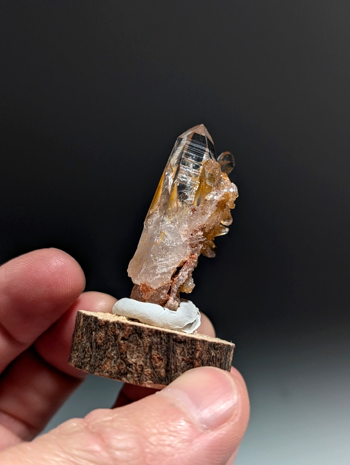 A+ Clear Quartz Crystal Cluster, Garland County, Arkansas, w/ natural wood base