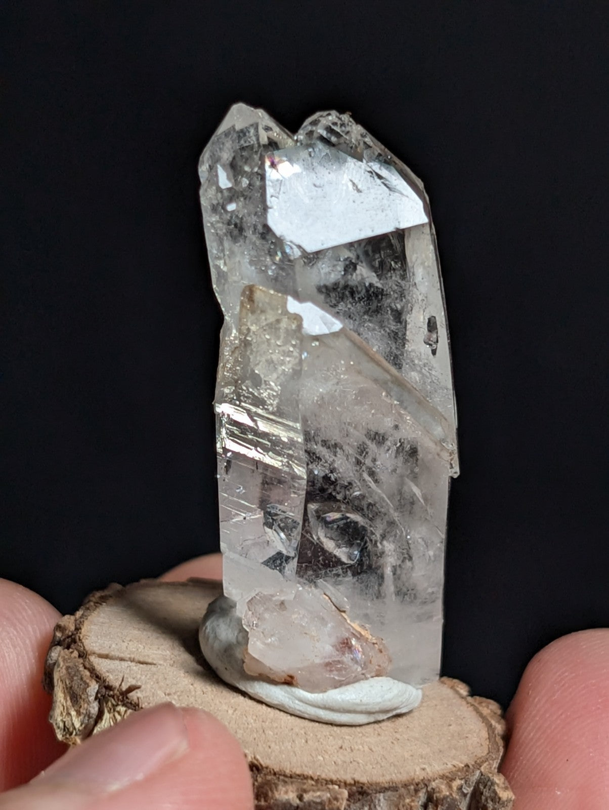 A+ Unique Quartz, Old Stock, Montgomery County, Arkansas, w/ natural wood base