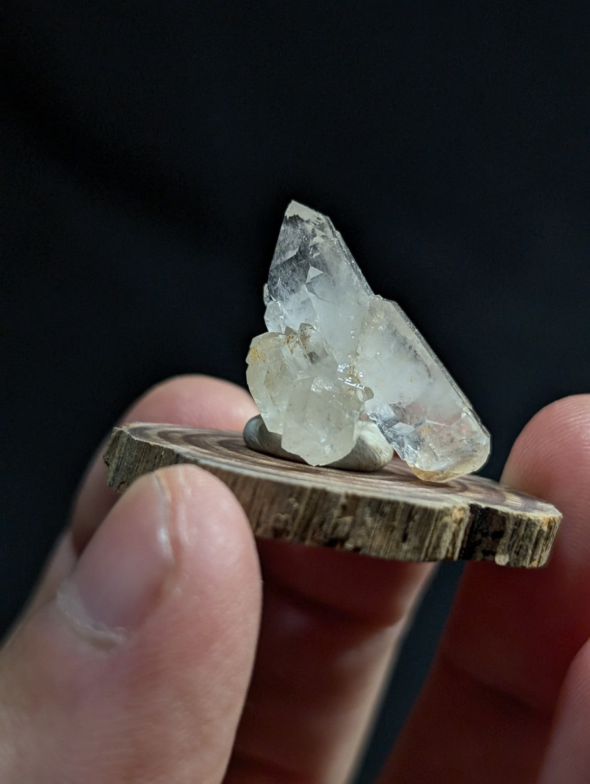 Quartz Crystal Cluster, Old Stock, Montgomery County, Arkansas, w/ wood base