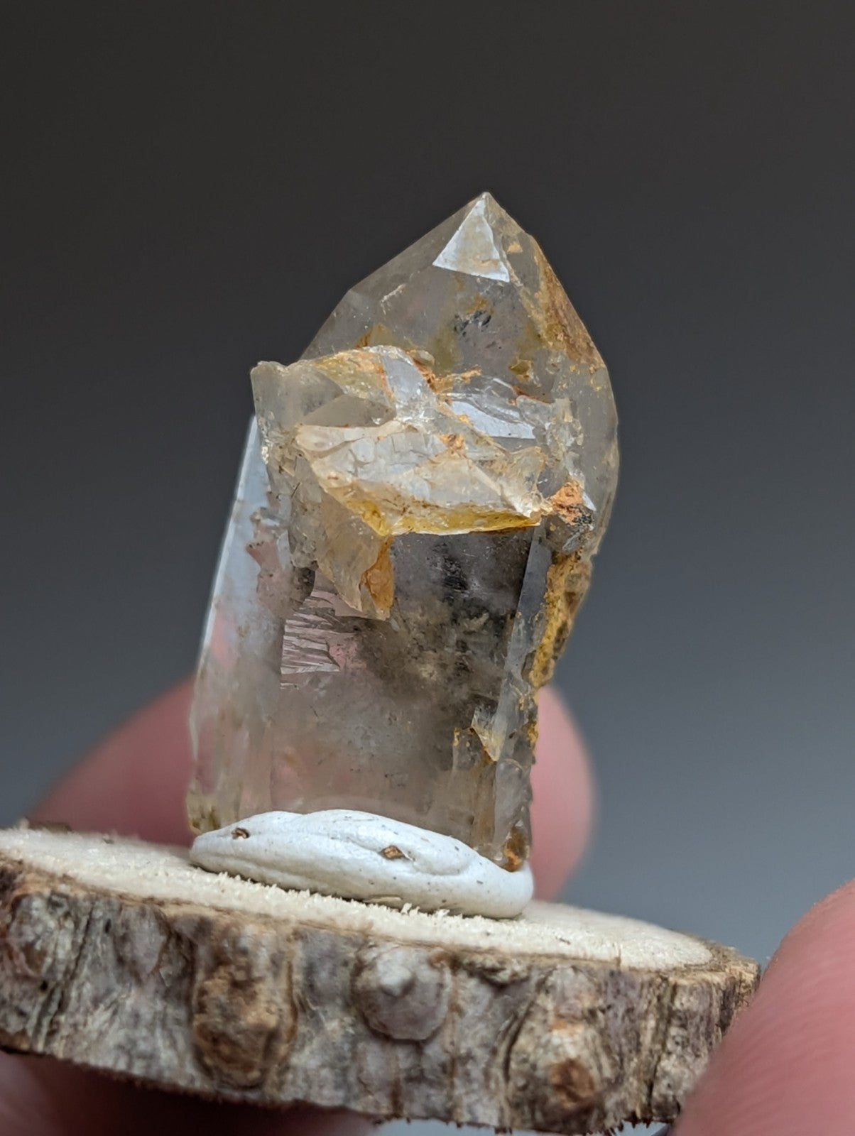 Nacrite + Manganese included Quartz Crystal Point, Arkansas, w/ wood base