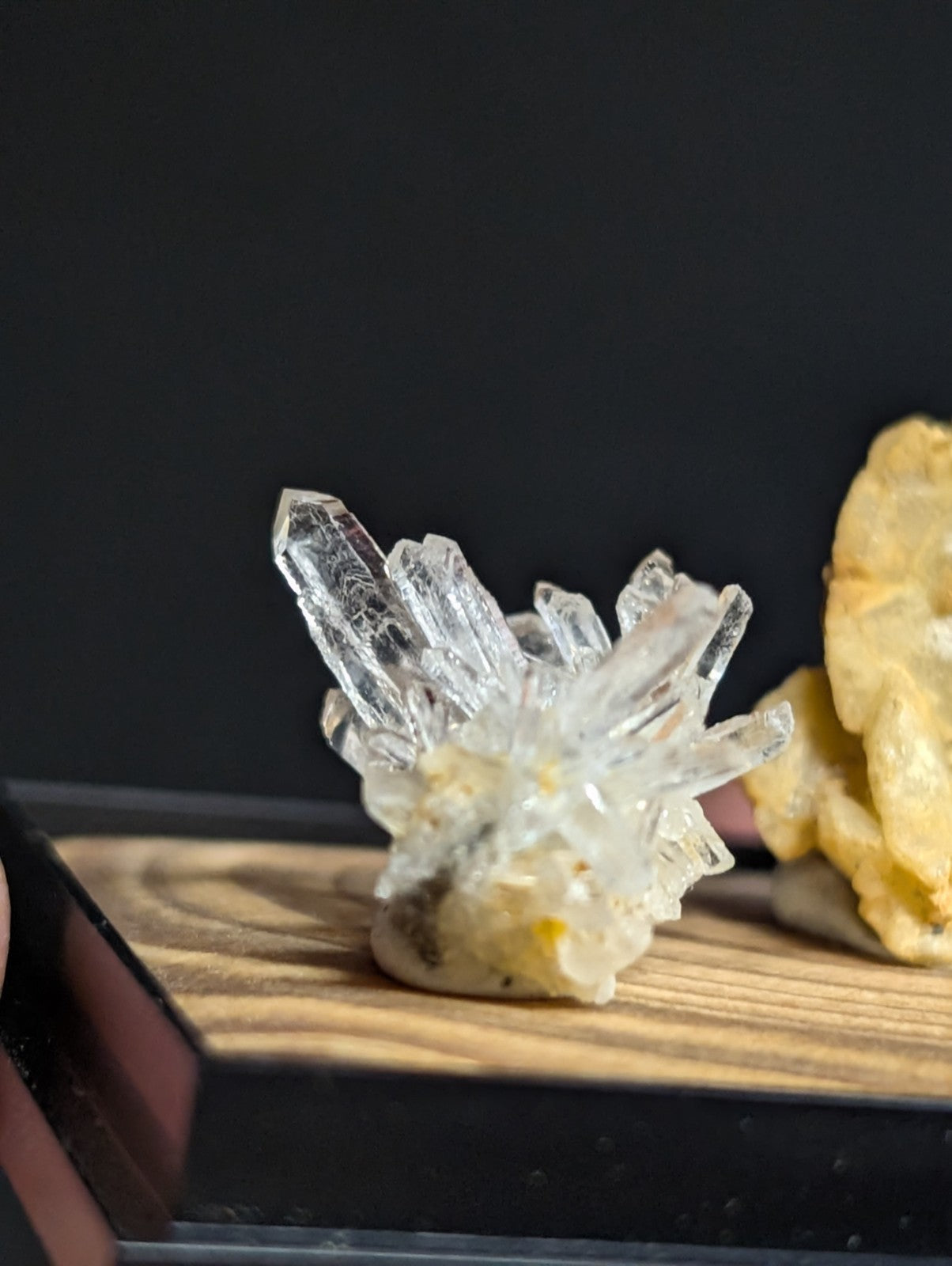 Solution Quartz + Ankerite, w/ wood mount + photo case- Jeffrey Quarry, Arkansas