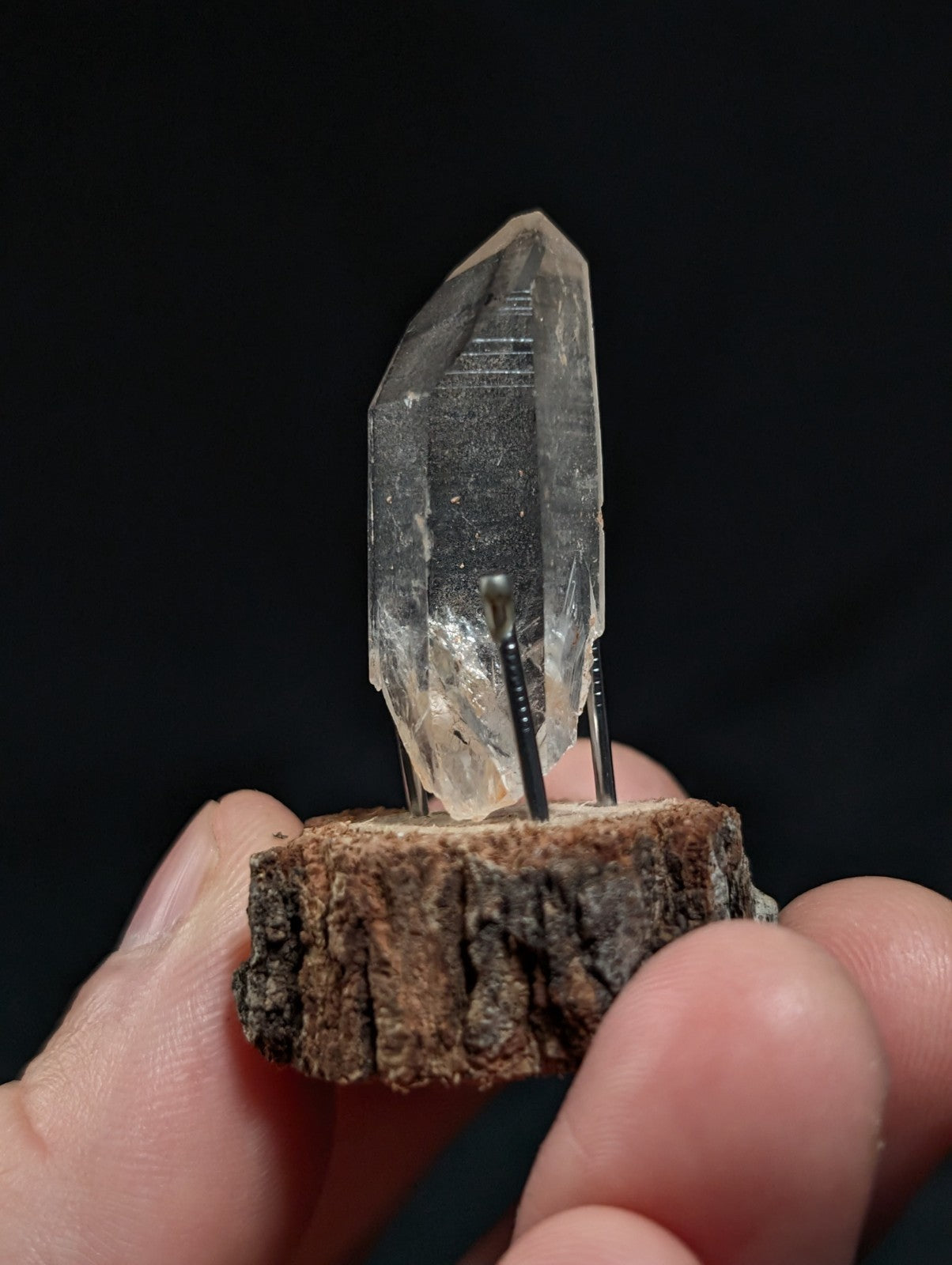A+ Clear Quartz w/ inclusions, Montgomery County, Arkansas, w/ natural wood base