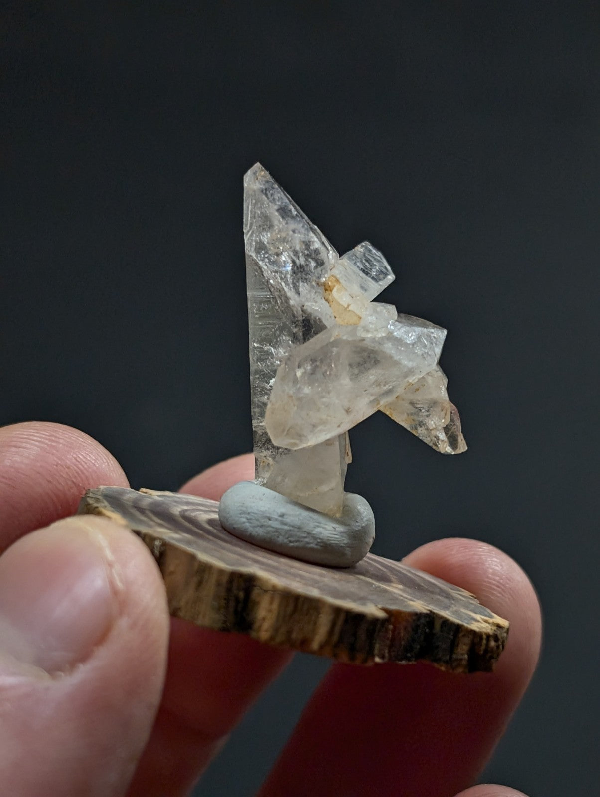 Unique Quartz Crystal Point, Old Stock, Montgomery County, Arkansas, w/wood base