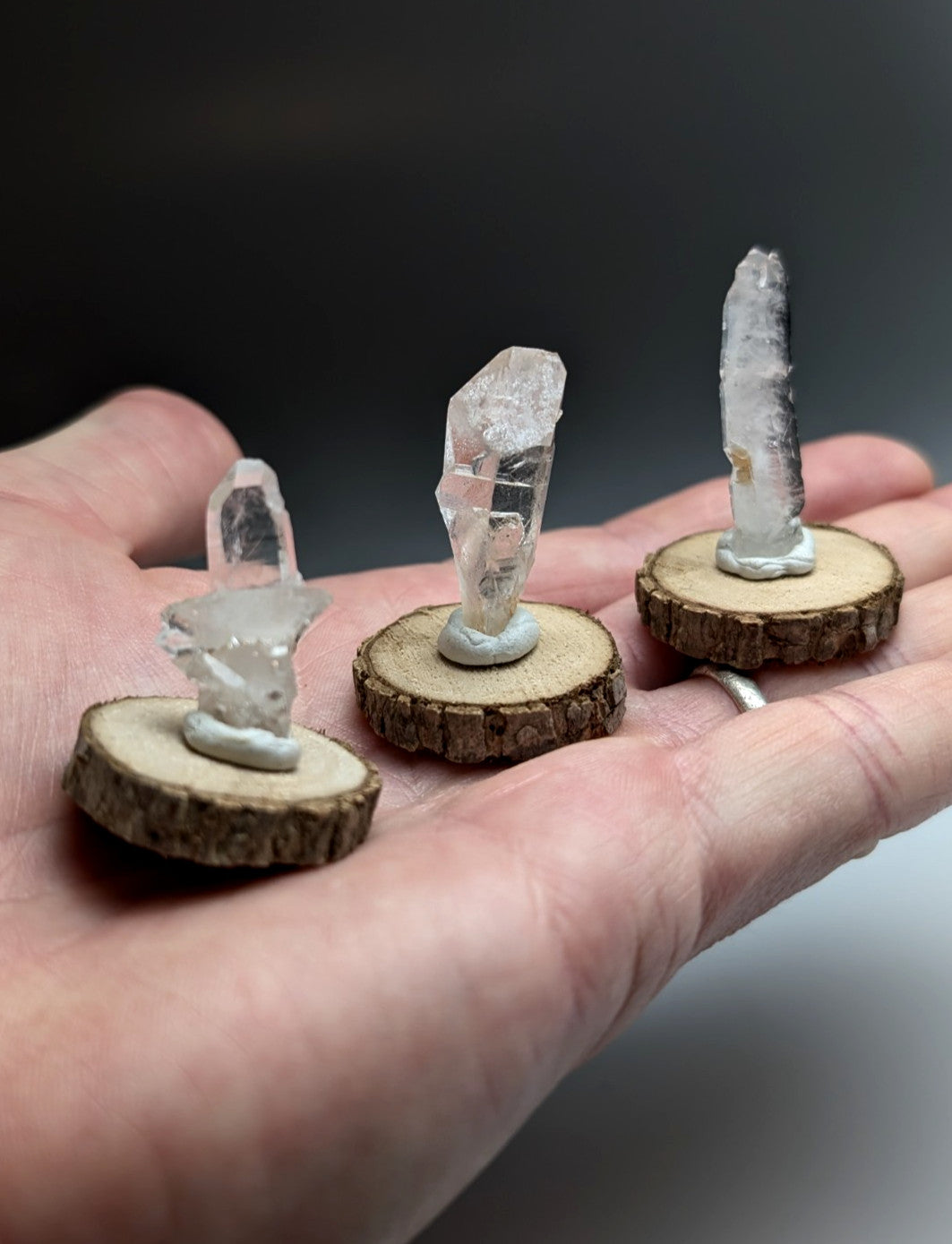 Set of 3 Unique Quartz, Old Stock, Montgomery County, Arkansas, w/ wood bases