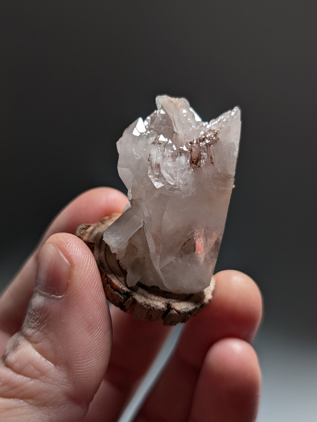 A+ Cathedral Quartz Crystal, Montgomery County, Arkansas, w/ natural wood base