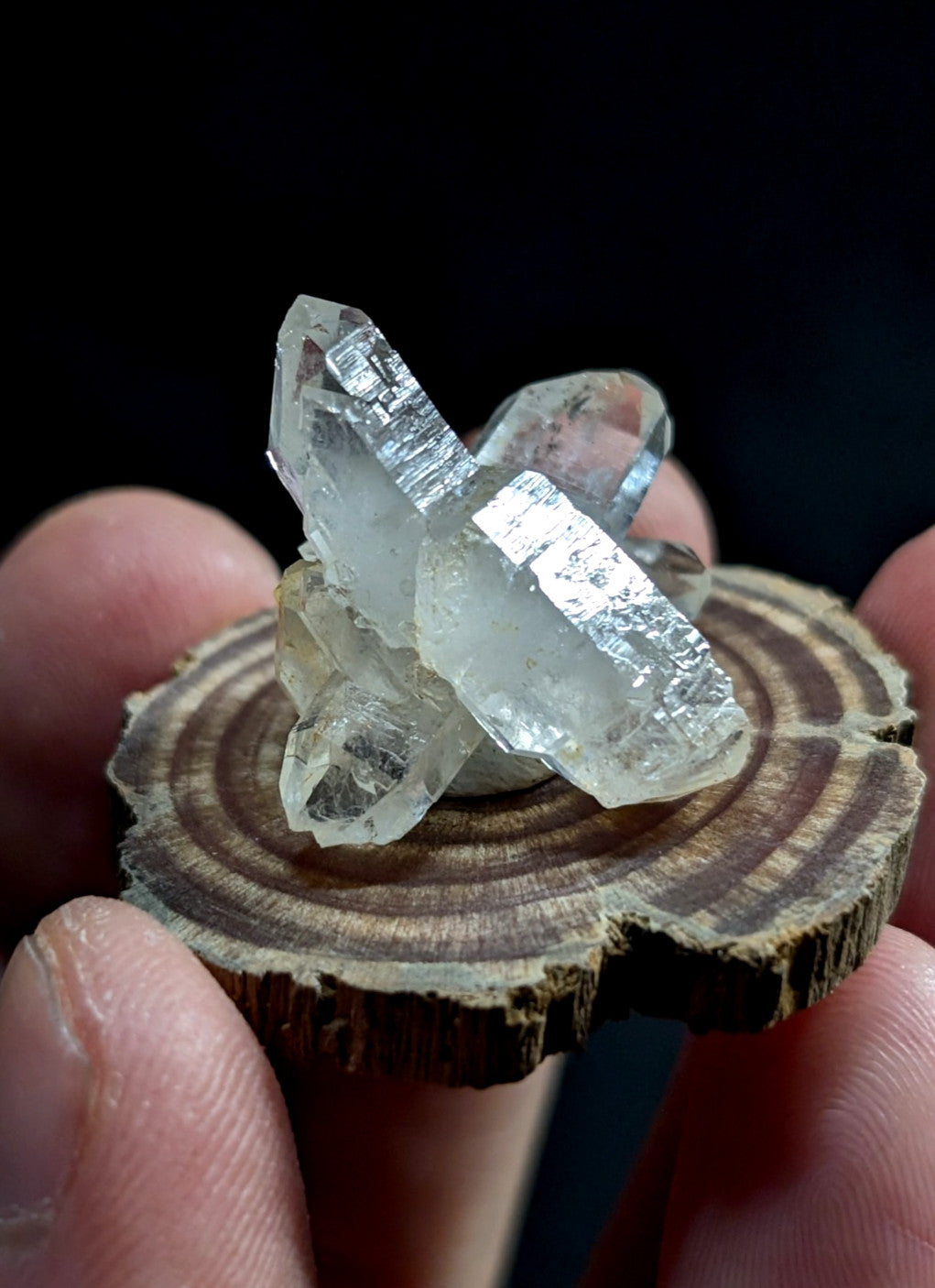 Quartz Crystal Cluster, Old Stock, Montgomery County, Arkansas, w/ wood base