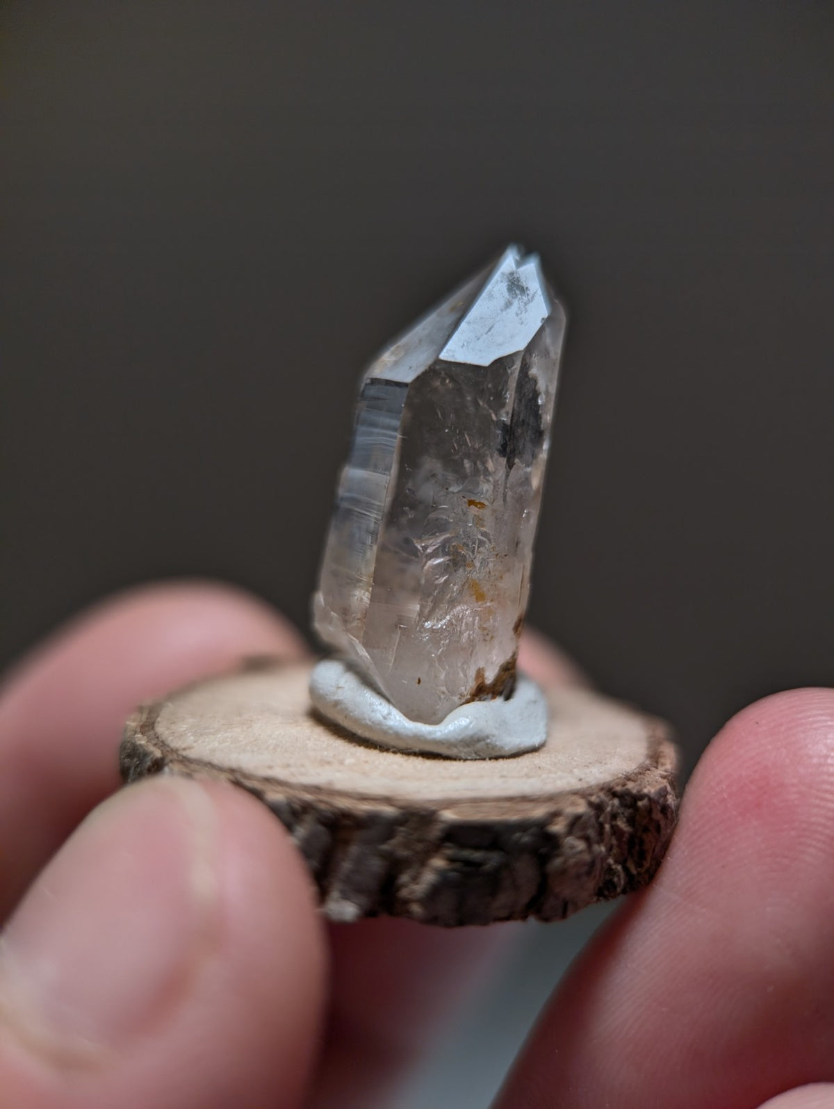 Nacrite + Manganese included Quartz Crystal Point, Arkansas, w/ wood base