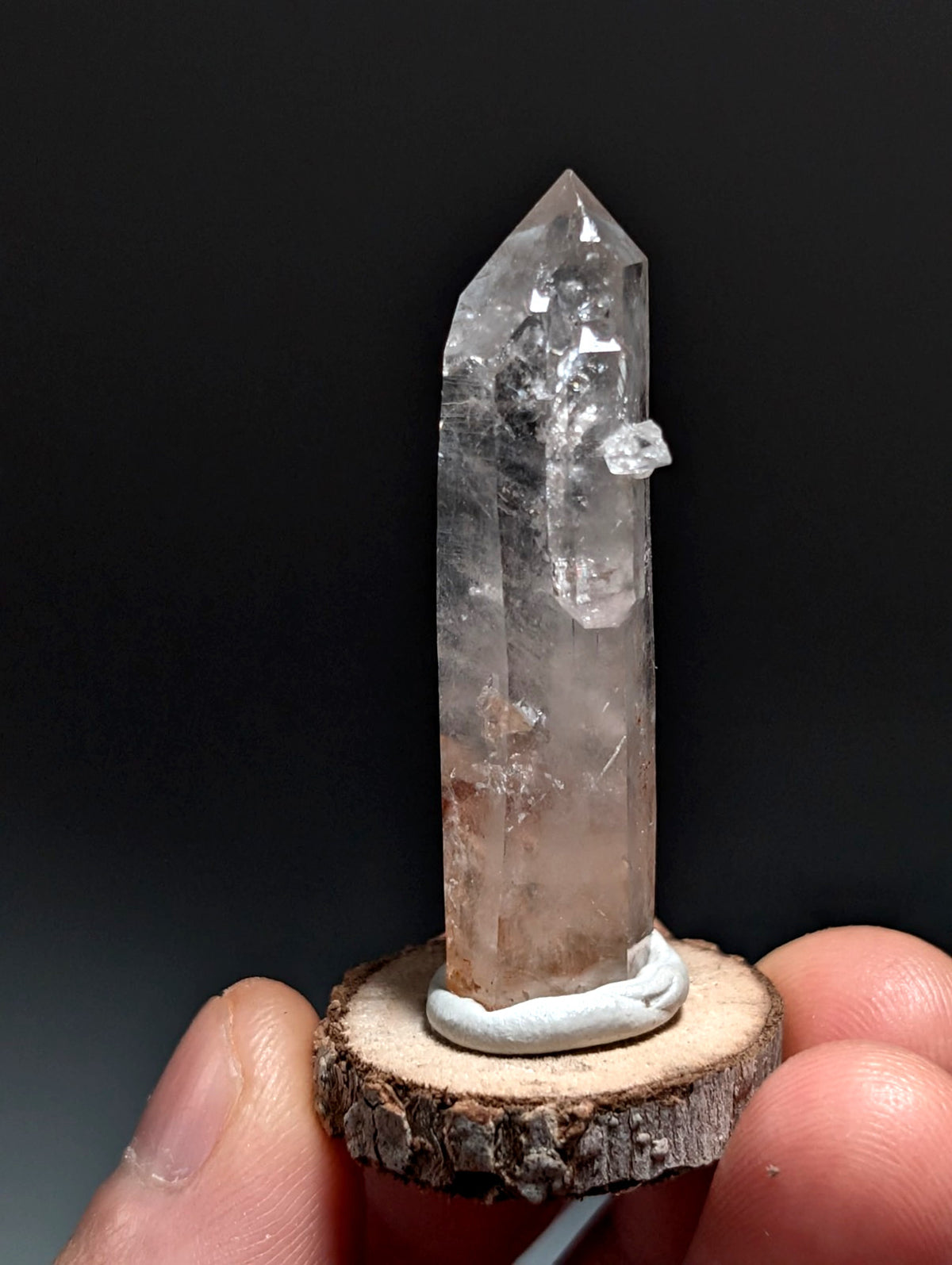 A+ Quartz Crystal Point, Montgomery County, Arkansas, w/ natural wood base