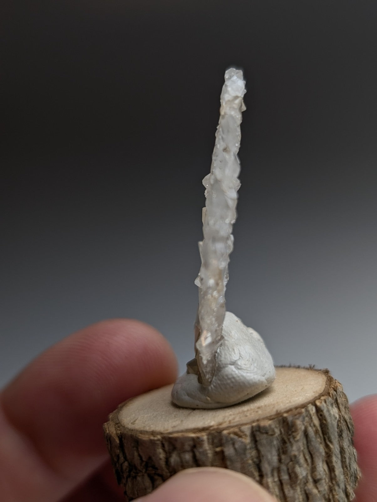 A+ Unique Quartz, Old Stock, Montgomery County, Arkansas, w/ natural wood base