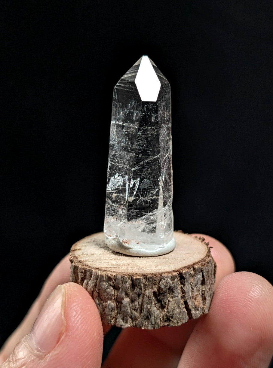 A+ Clear Quartz, Old Stock, Montgomery County, Arkansas, w/ natural wood base
