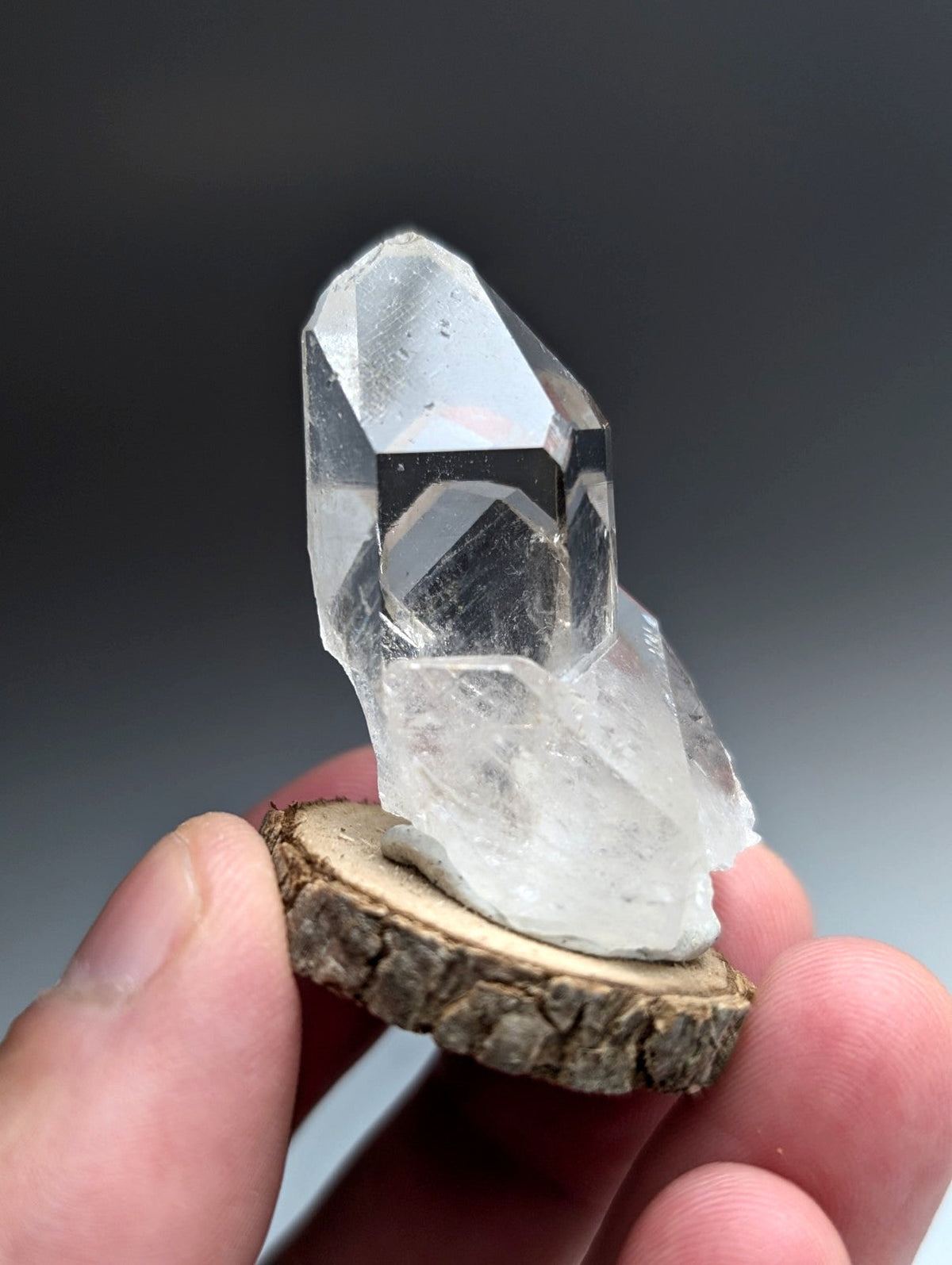Unique Quartz Point, Old Stock, Garland County, Arkansas, w/ natural wood base