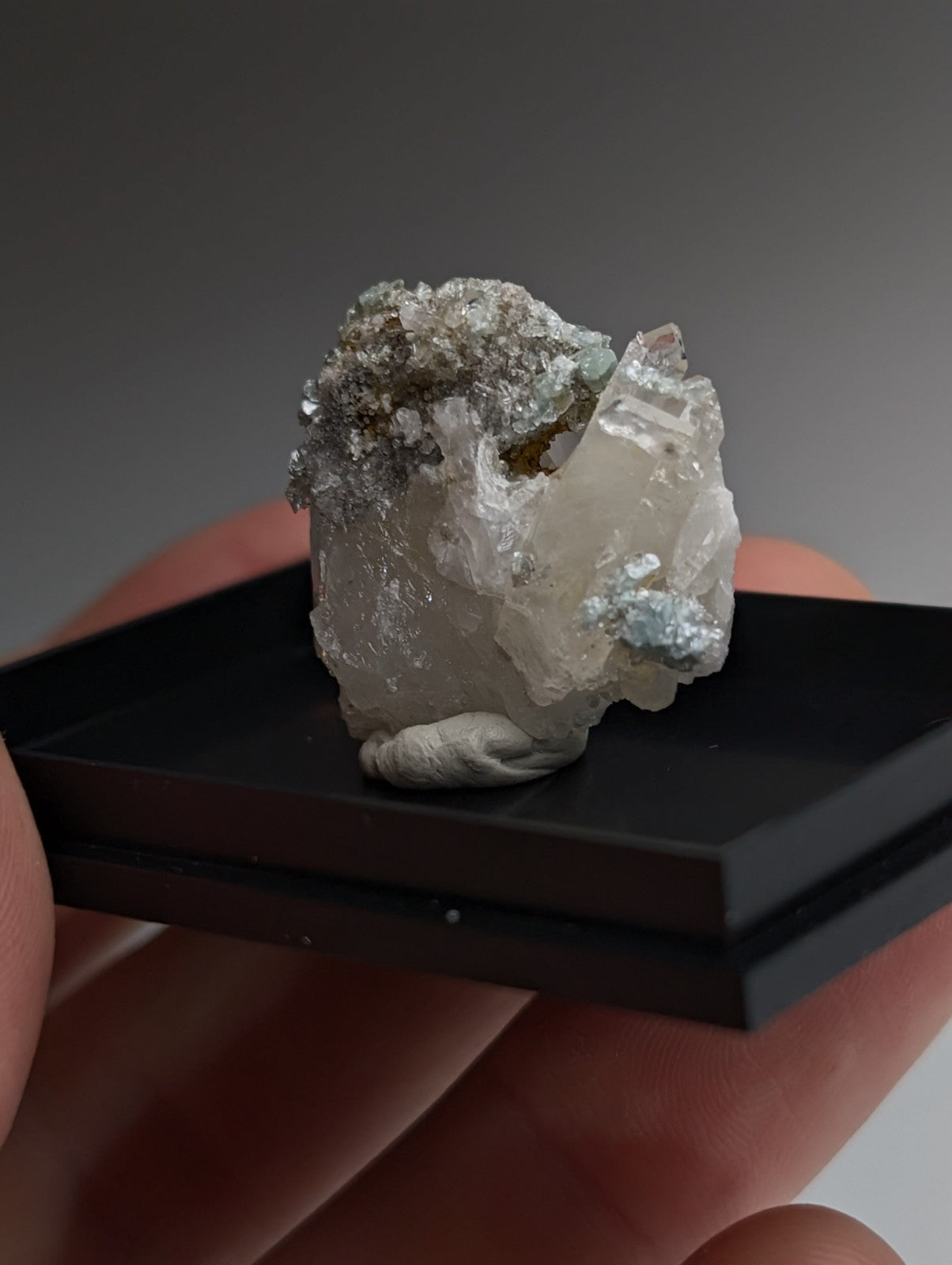 Blue-Green Cookeite on Quartz, Saline County, Arkansas, Old Stock, w/ photo case