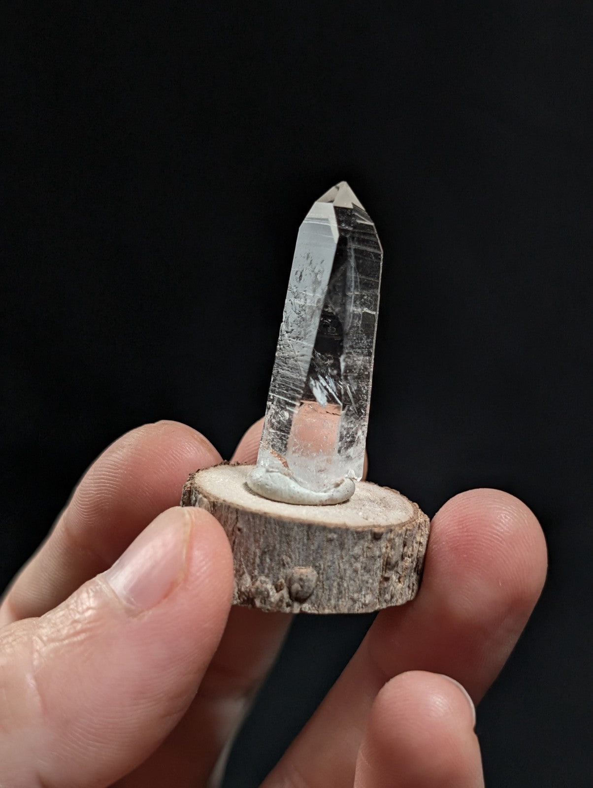 A+ Clear Quartz, Old Stock, Montgomery County, Arkansas, w/ natural wood base