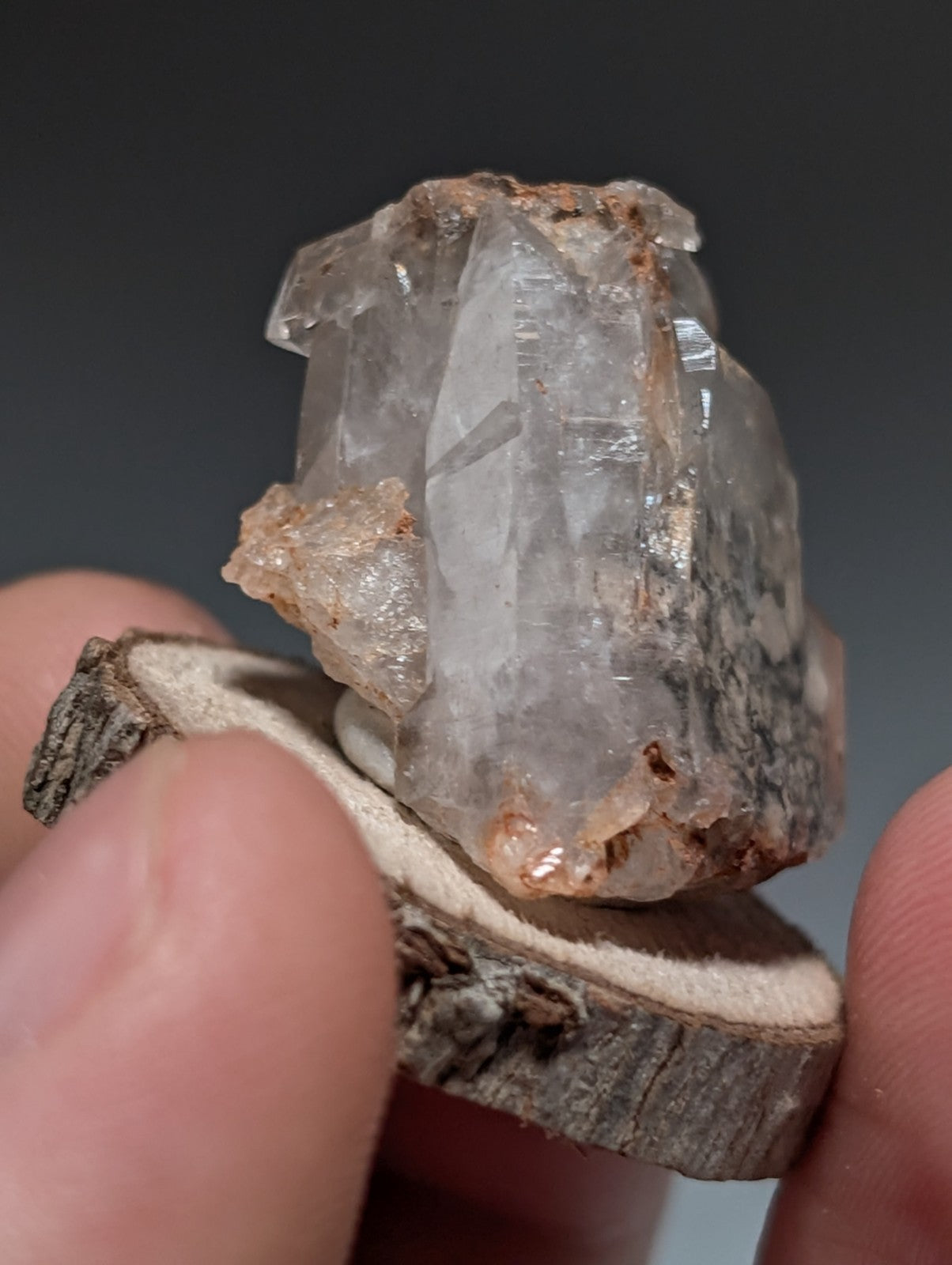 Nacrite + Manganese included Quartz Crystal Point, Arkansas, w/ wood base