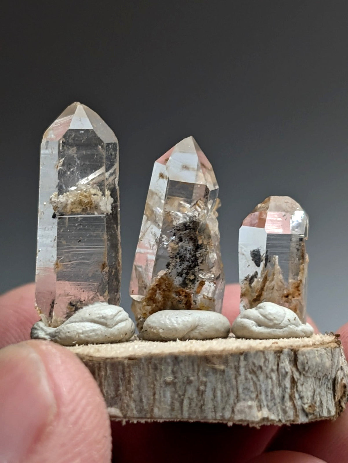 Nacrite + Manganese included Quartz Crystal Points, Arkansas, Set of 3, w/ base
