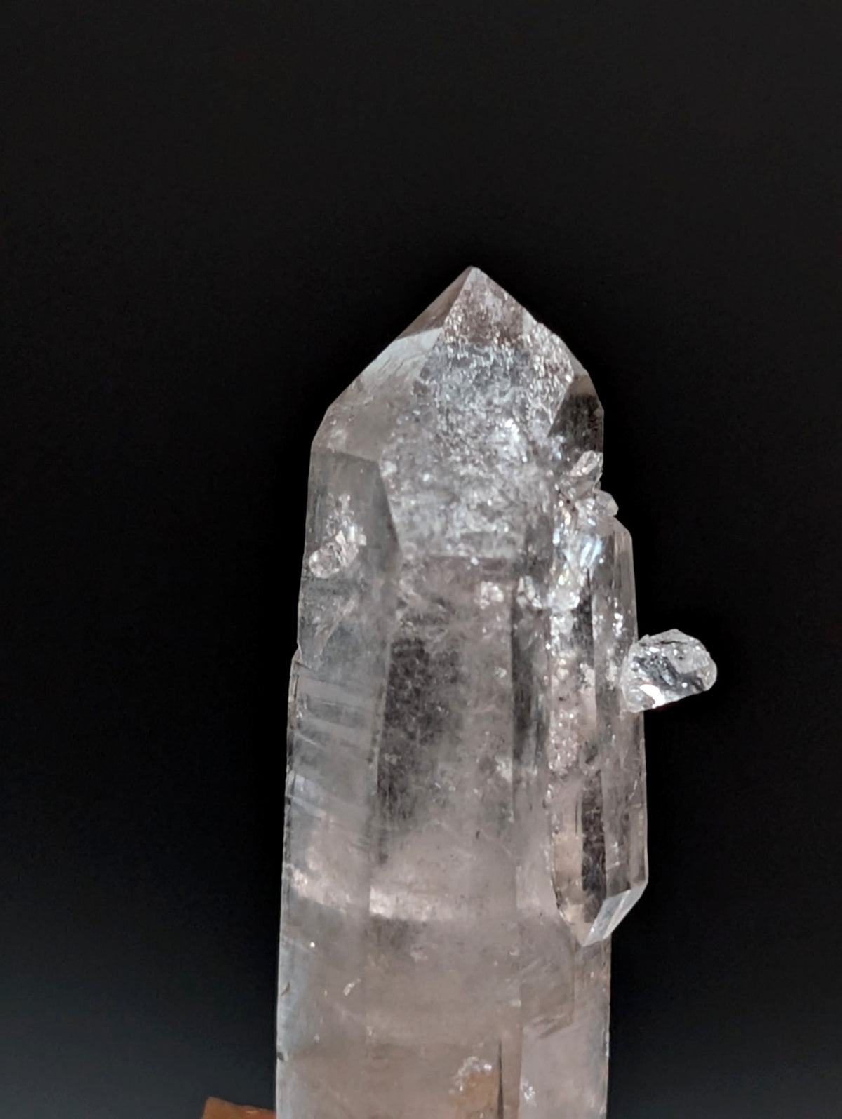 A+ Quartz Crystal Point, Montgomery County, Arkansas, w/ natural wood base