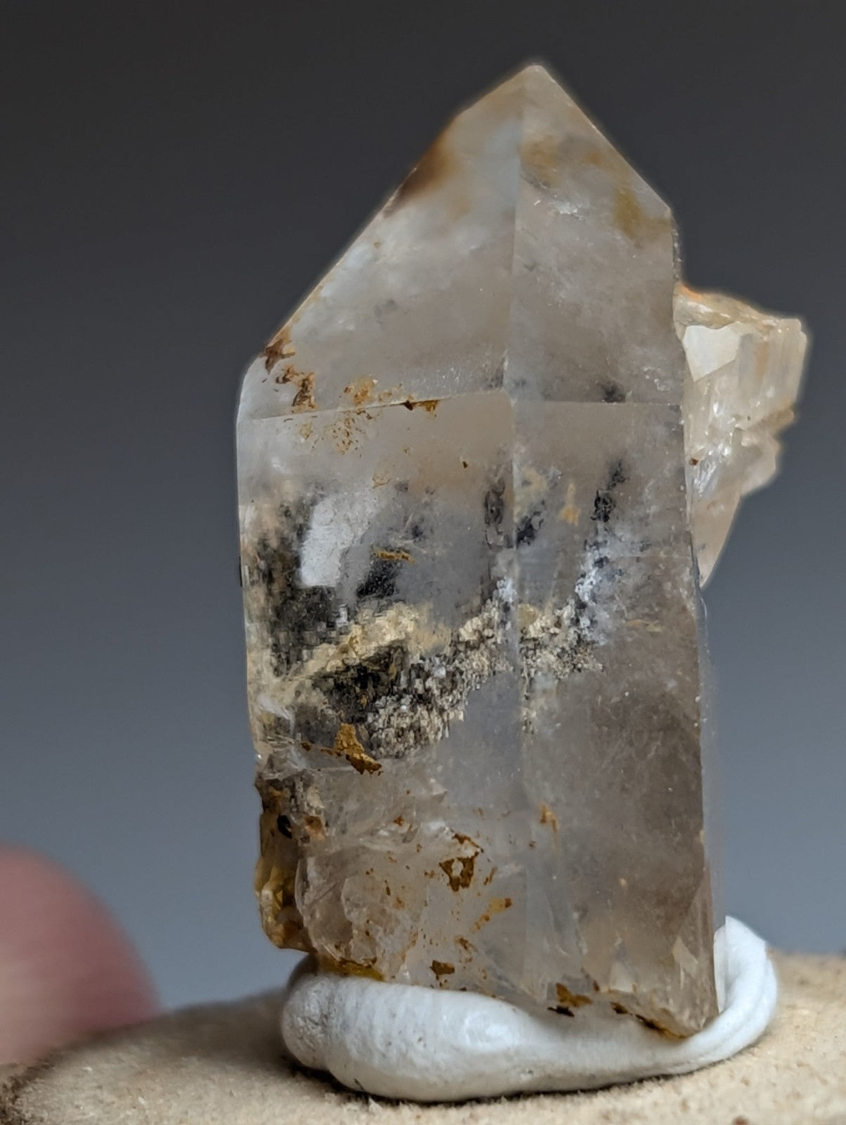 Nacrite + Manganese included Quartz Crystal Point, Arkansas, w/ wood base