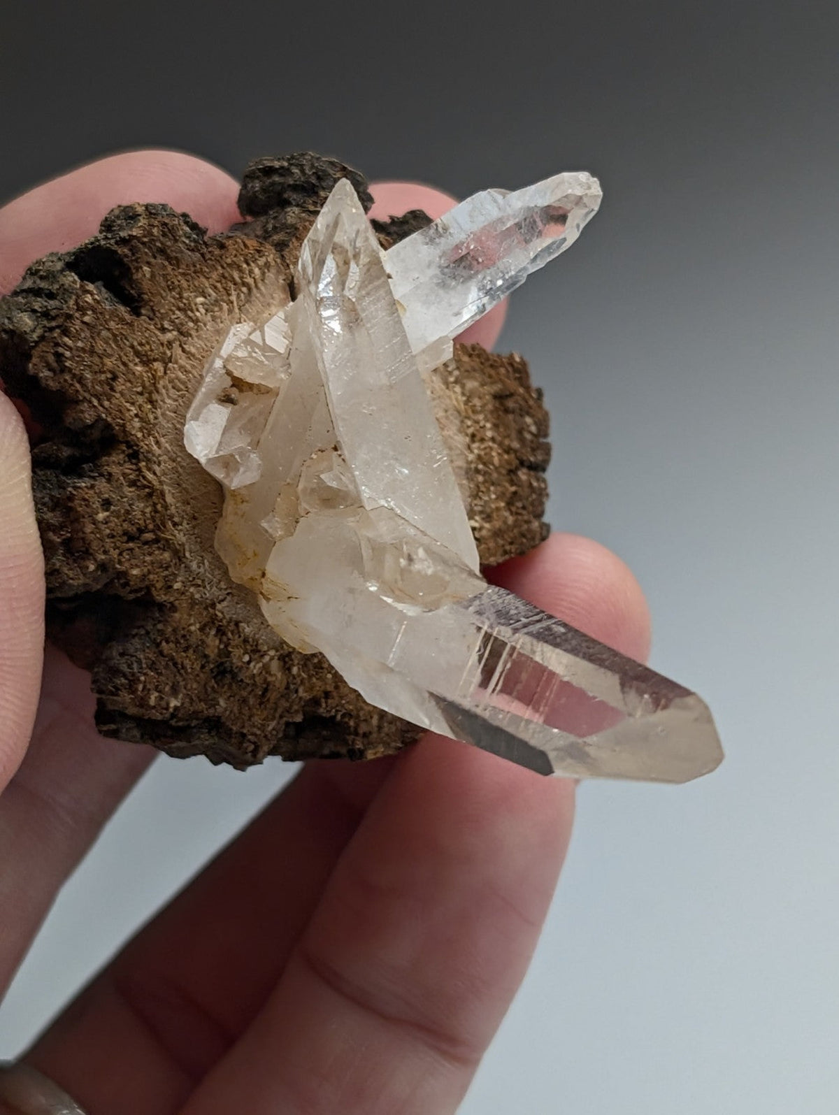 A+ Quartz Cluster, Old Stock, Montgomery County, Arkansas, w/ natural wood base