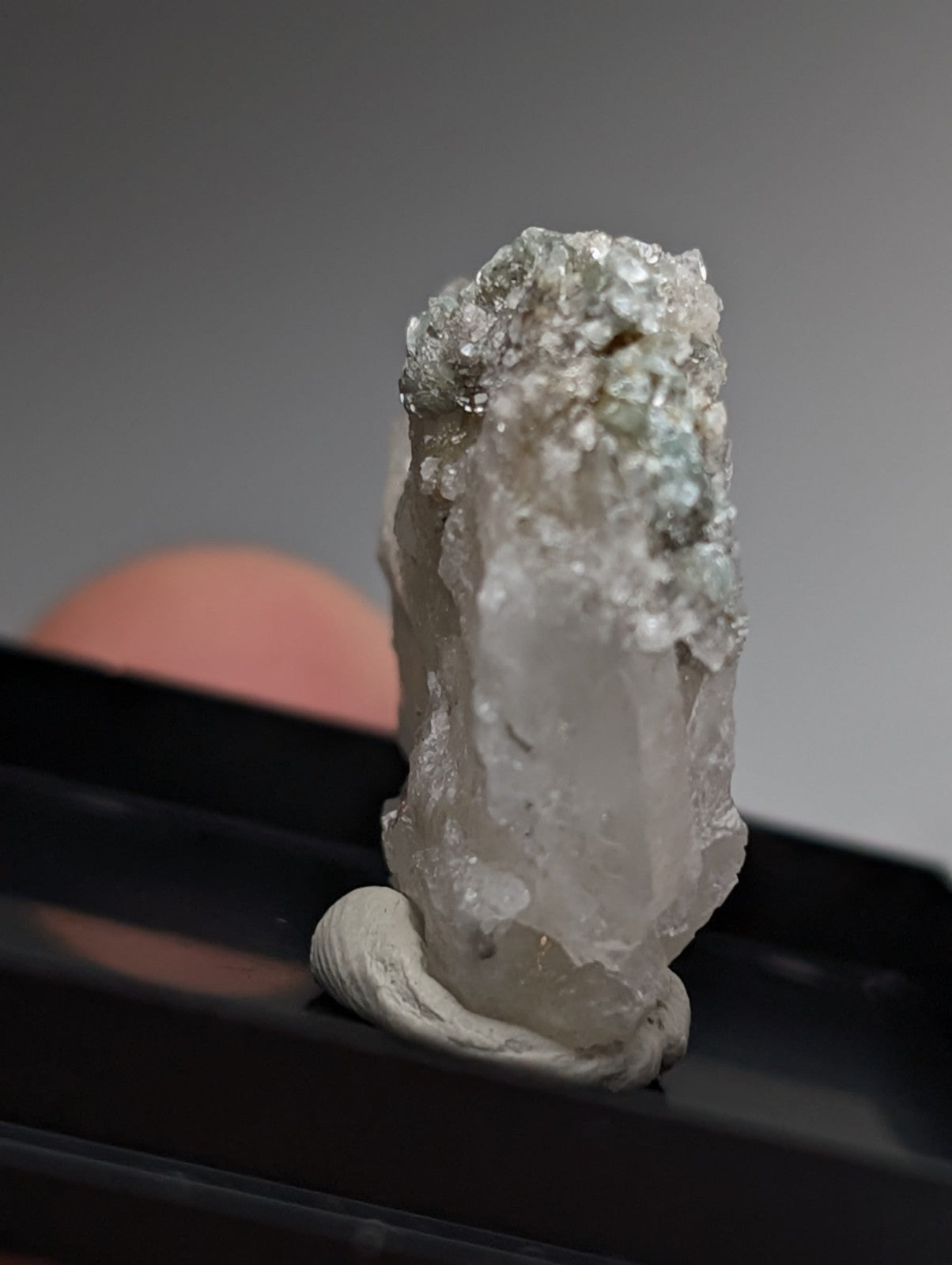 Blue-Green Cookeite on Quartz, Saline County, Arkansas, Old Stock, w/ photo case