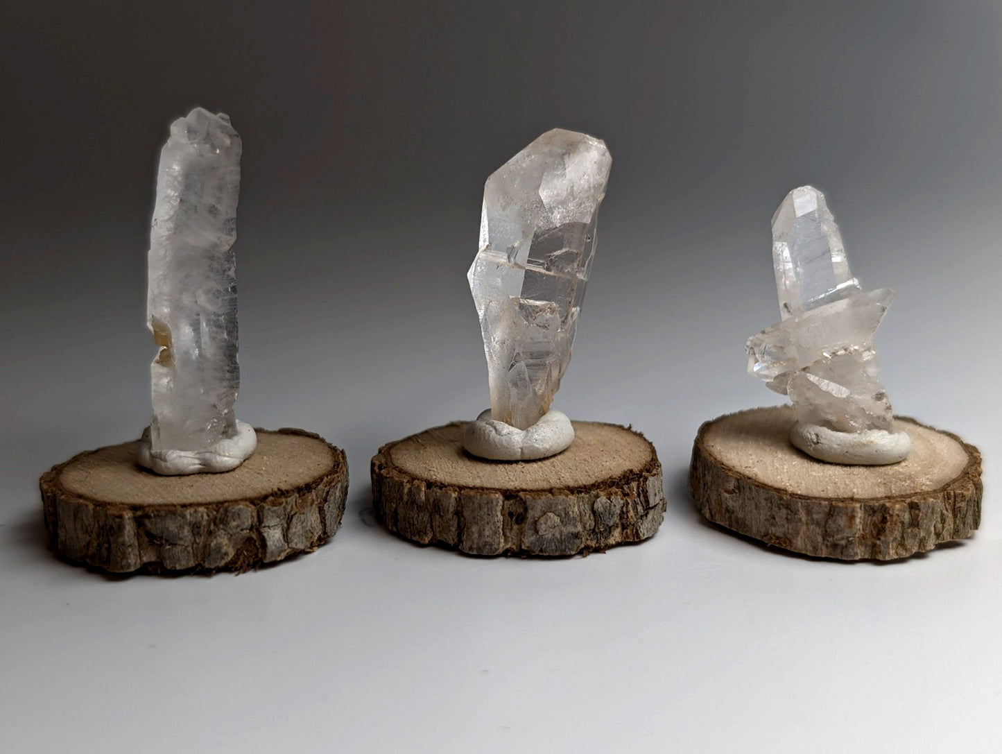 Set of 3 Unique Quartz, Old Stock, Montgomery County, Arkansas, w/ wood bases