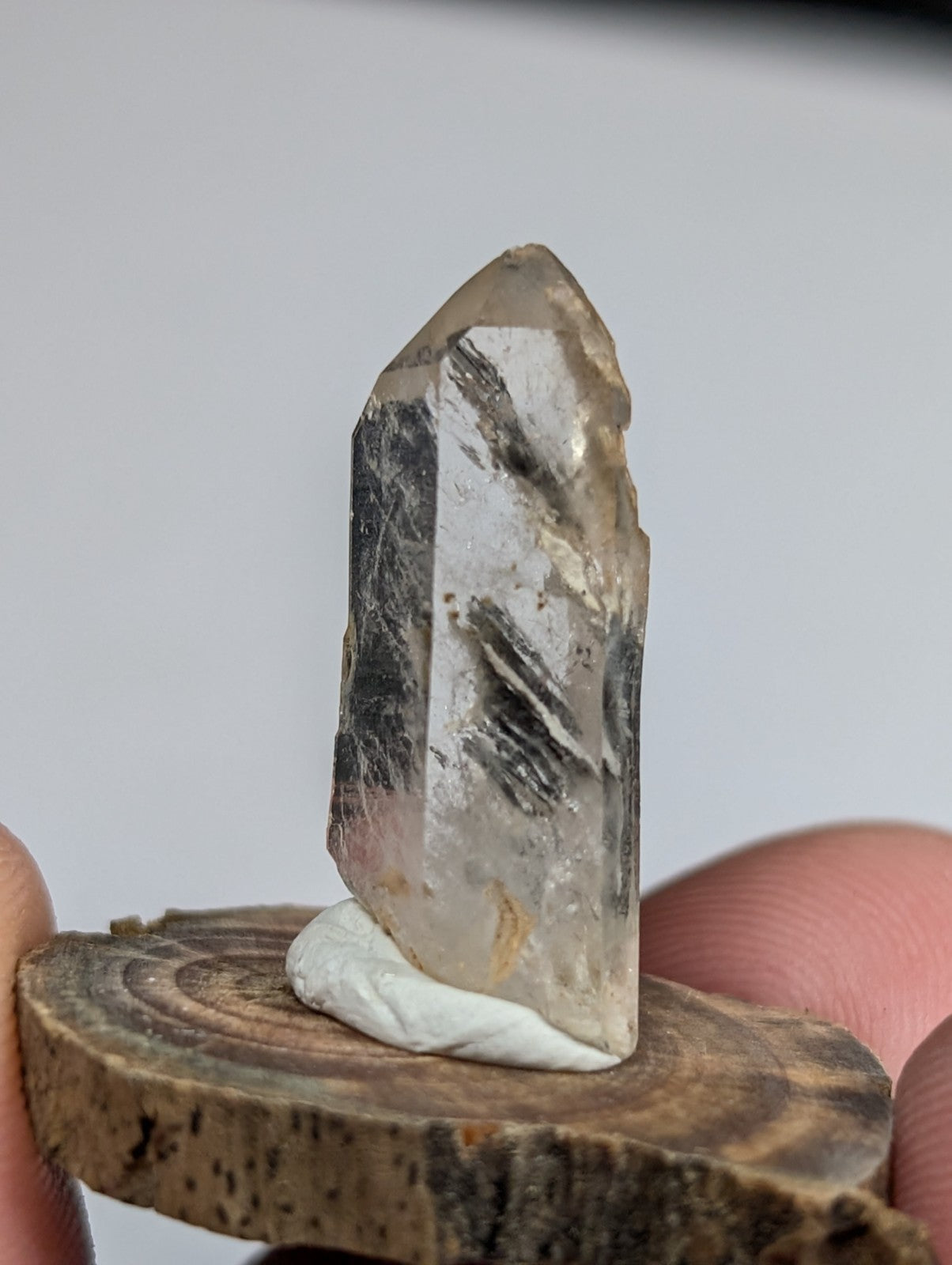Nacrite + Manganese included Quartz Crystal Point, Arkansas, w/ wood base
