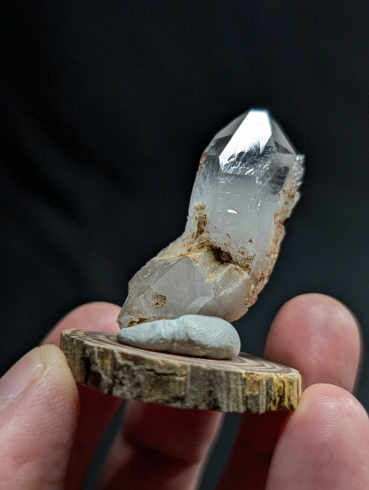 Super Curved Quartz Crystal Point, Montgomery County, Arkansas, w/ wood base